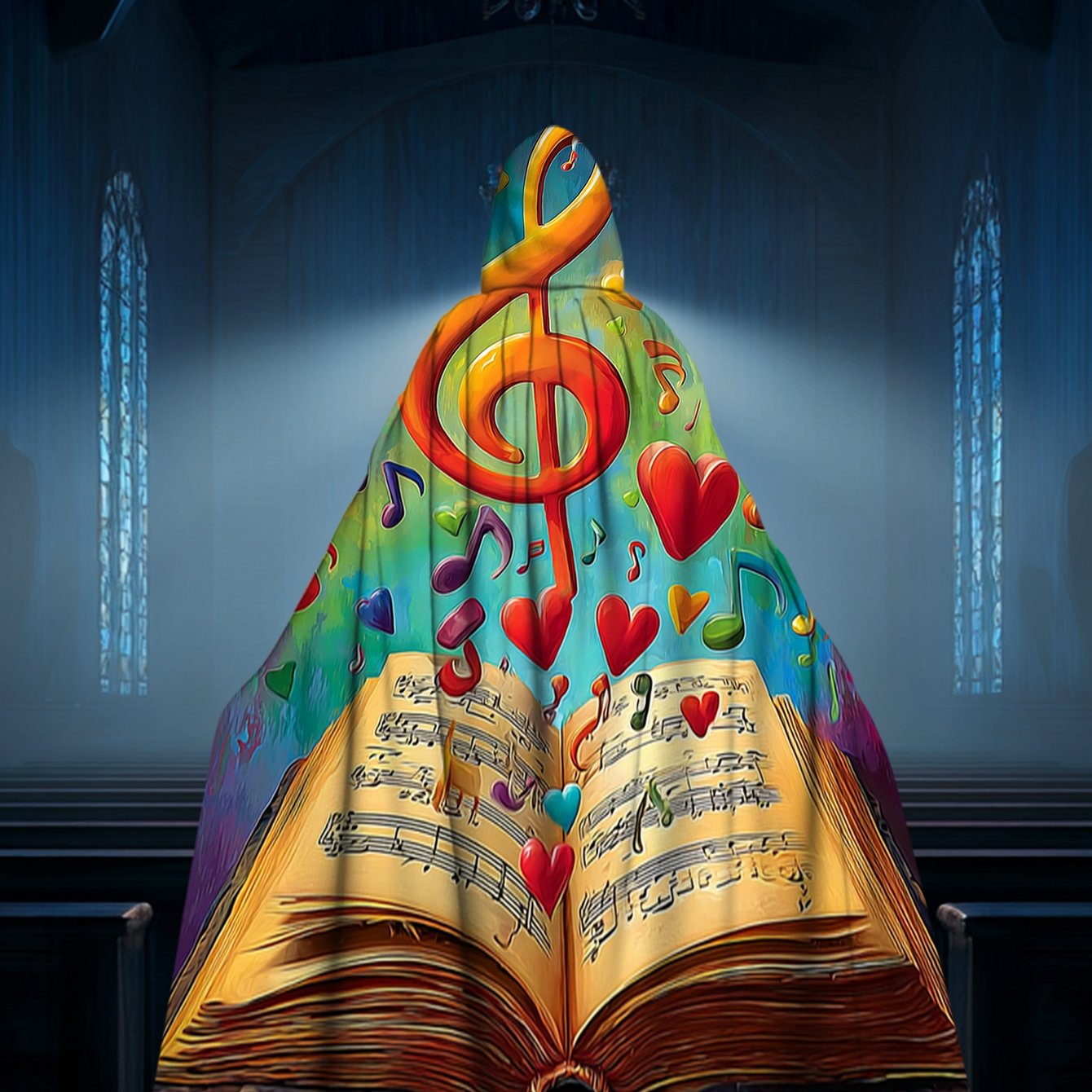 TEMU 1pc 2d Flat Printing Medieval-style Hooded Cape Musical Notes And Hearts 100% Winter Themed Events & Festivals Cosplay Party Favors