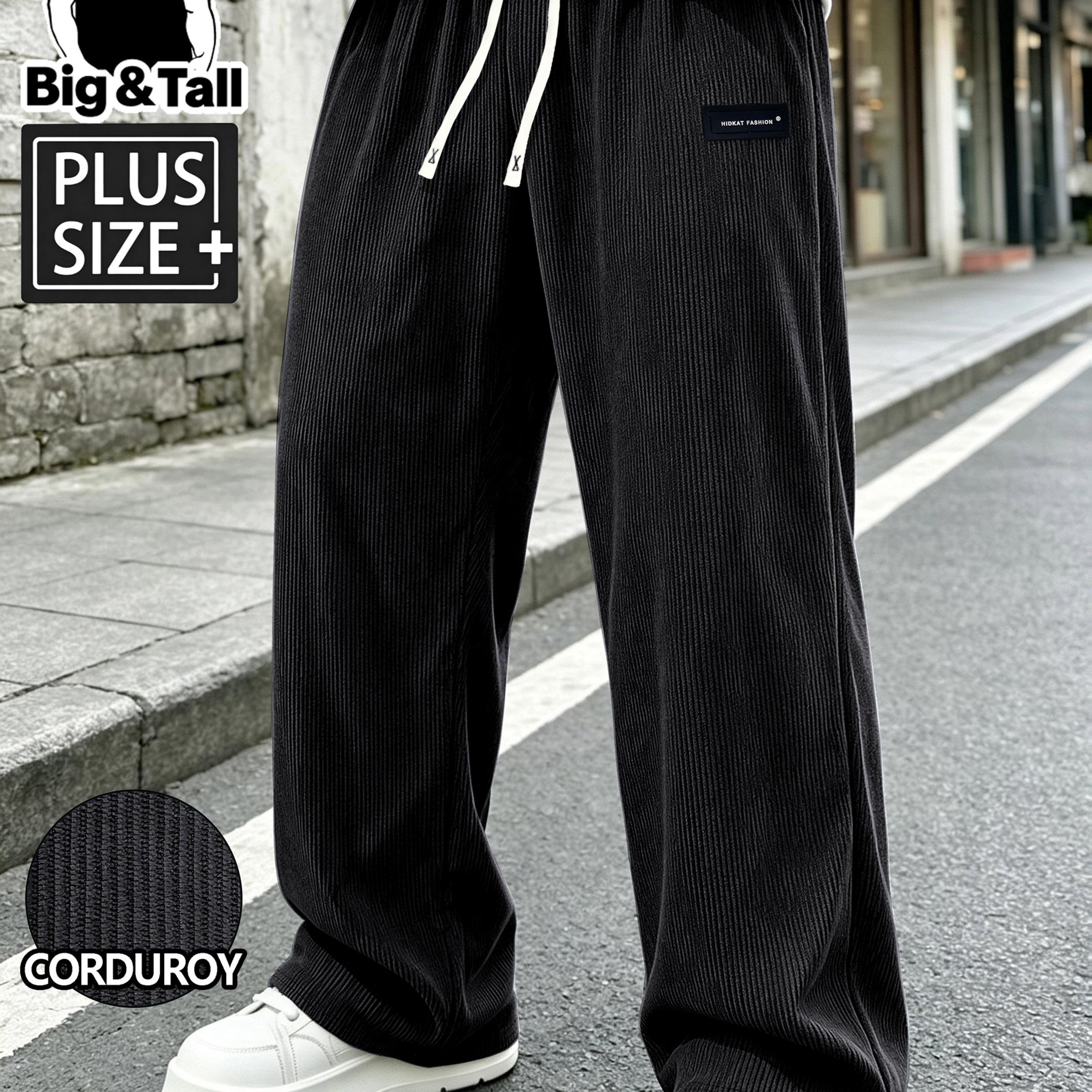 TEMU Autumn Corduroy Plus Size Men's Casual Trousers, Mid-waist Elastic Waist With Drawstring And Side Pockets, Fashionable Letter , Comfortable And