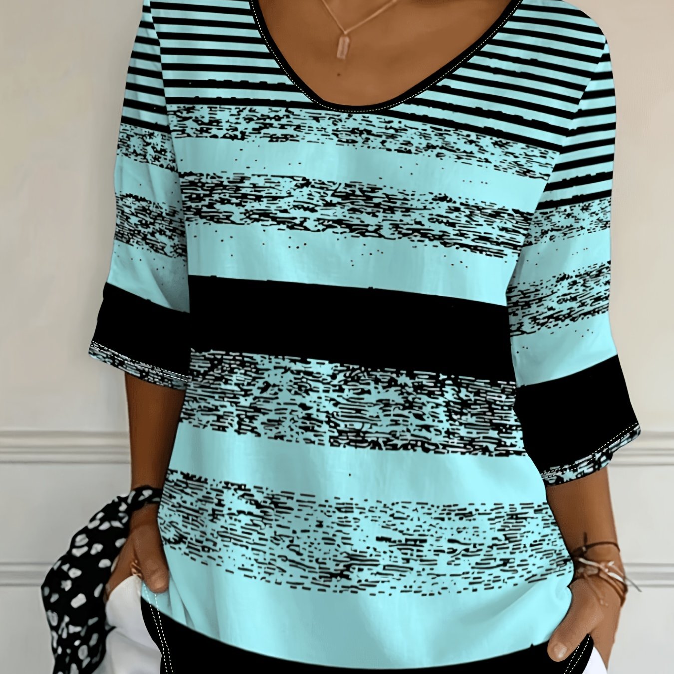 TEMU Plus Size, Plus-size Women's Fashion Top With Abstract Black And Pattern, Suitable For Daily Wear, Stylish And Comfortable, A For Fashionable