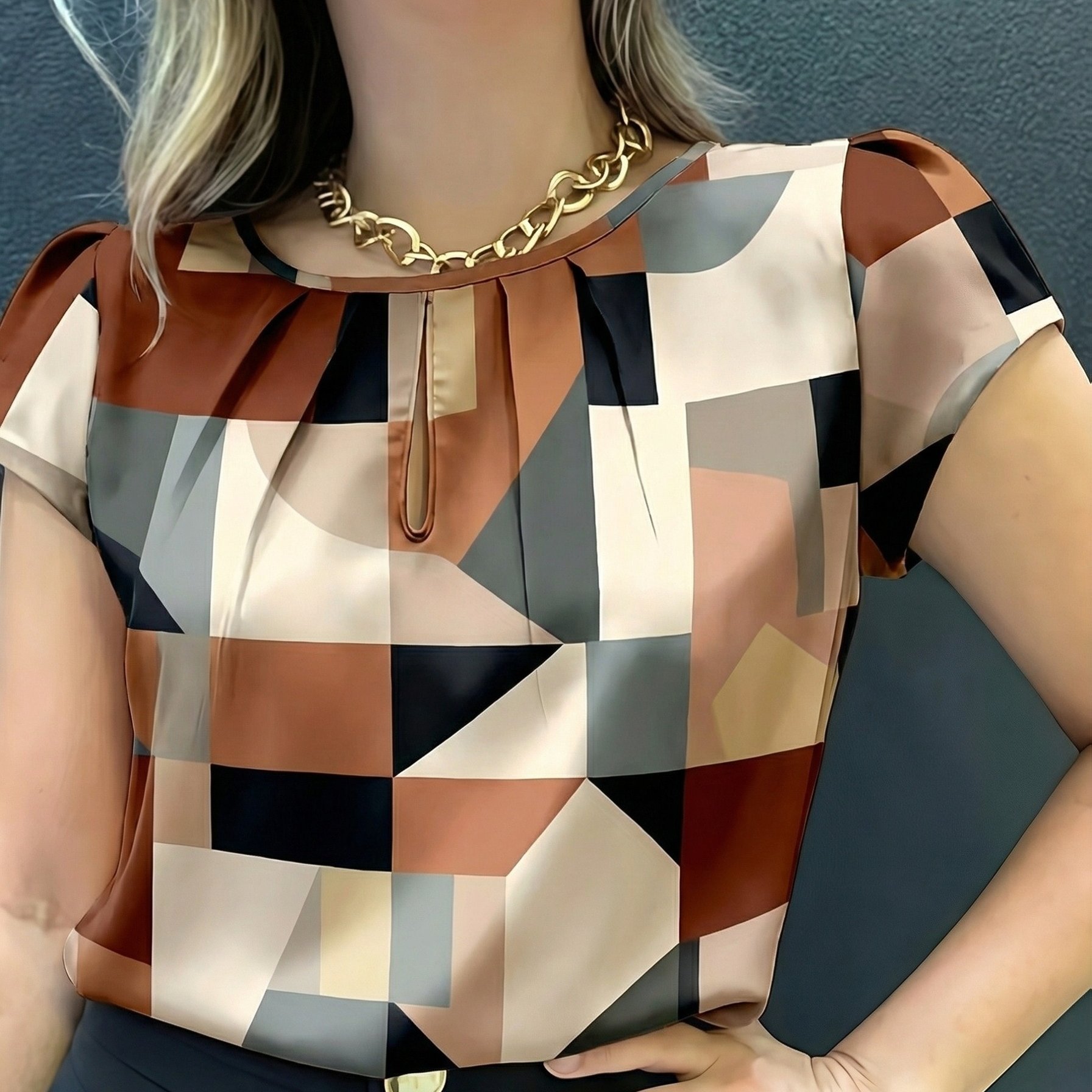 TEMU Elegant Women's Short Sleeve Geometric Pattern Printed Shirt | Crew Neck, Suitable For Spring/summer/fall