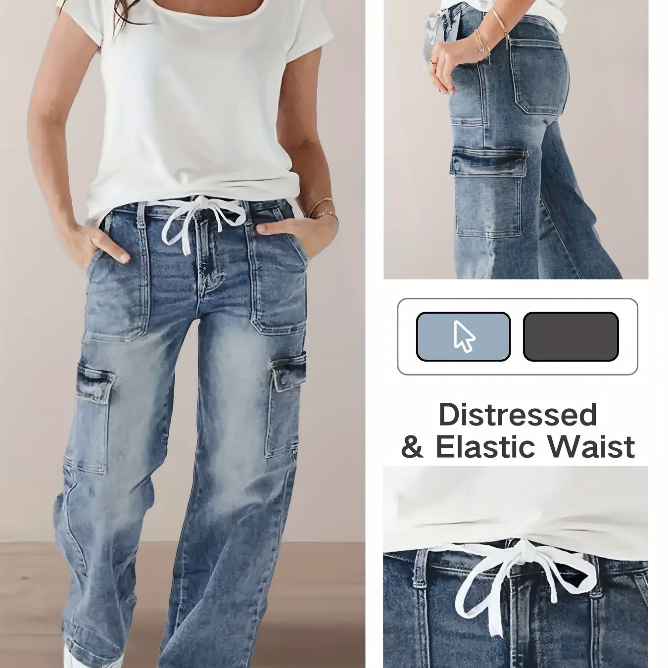 Image of Xs8124# New Women's Jeans, Waist Drawstring, Women's Bag Denim Pants