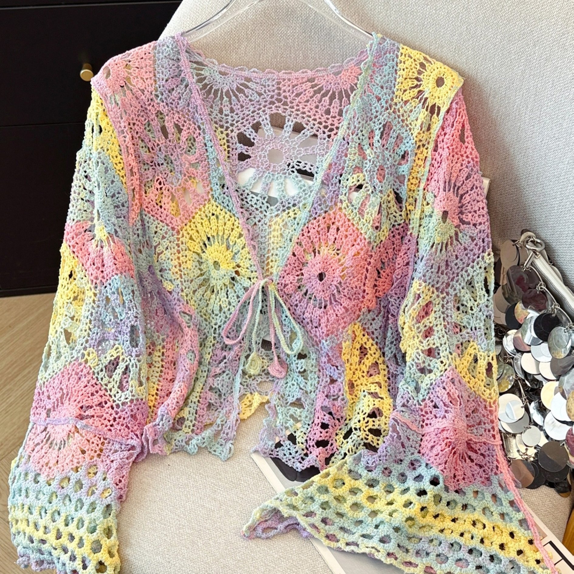 Rainbow Gradient Dopamine Crochet Openwork Long-sleeve Cropped Cardigan Top