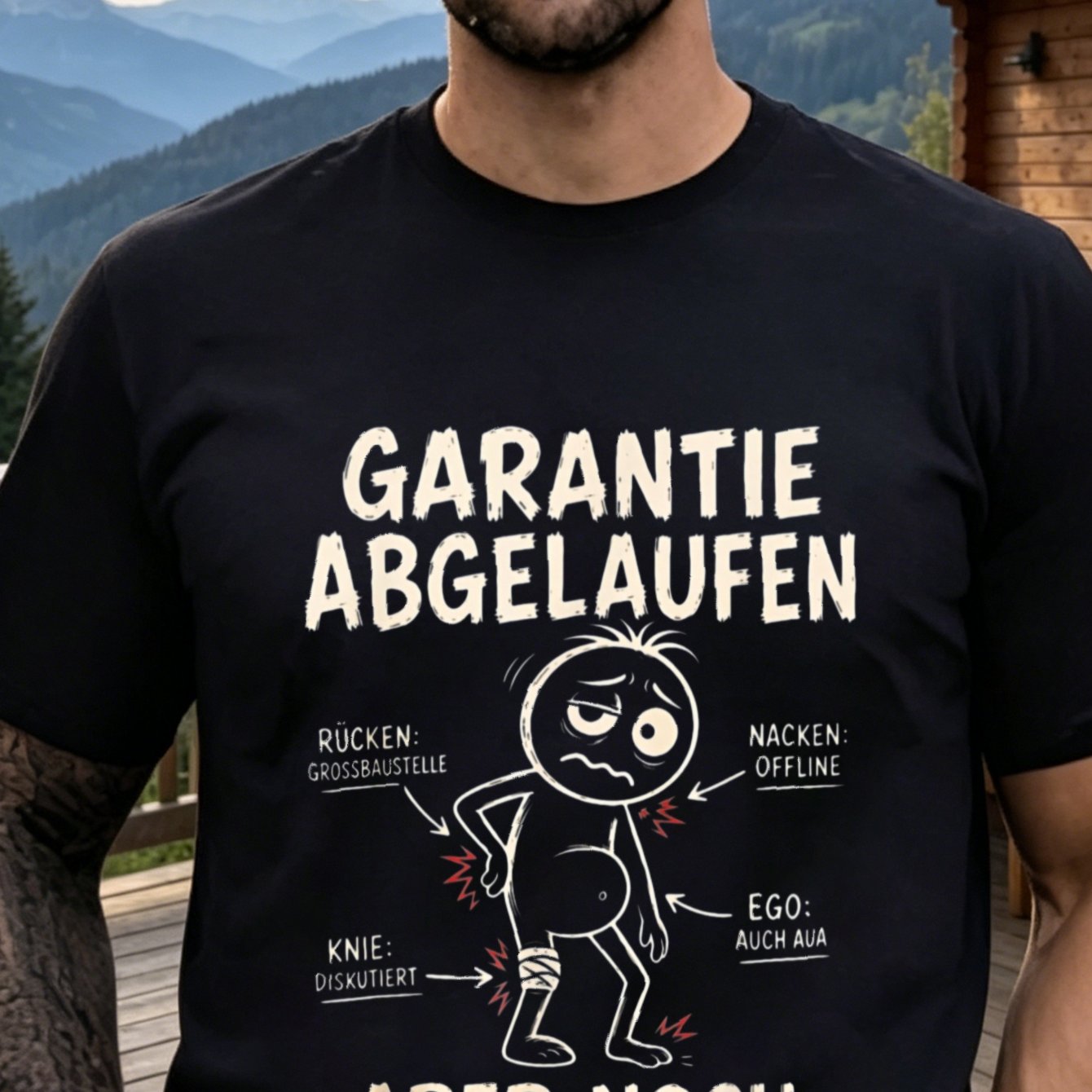 Image of Men' Funny German Warranty Expired T-shirt - German Text Humor & Aching Cartoon Print, Loose Fit Round Neck Casual Novelty Gift Suitable For, German Language For Casual Attire Or Themed Events