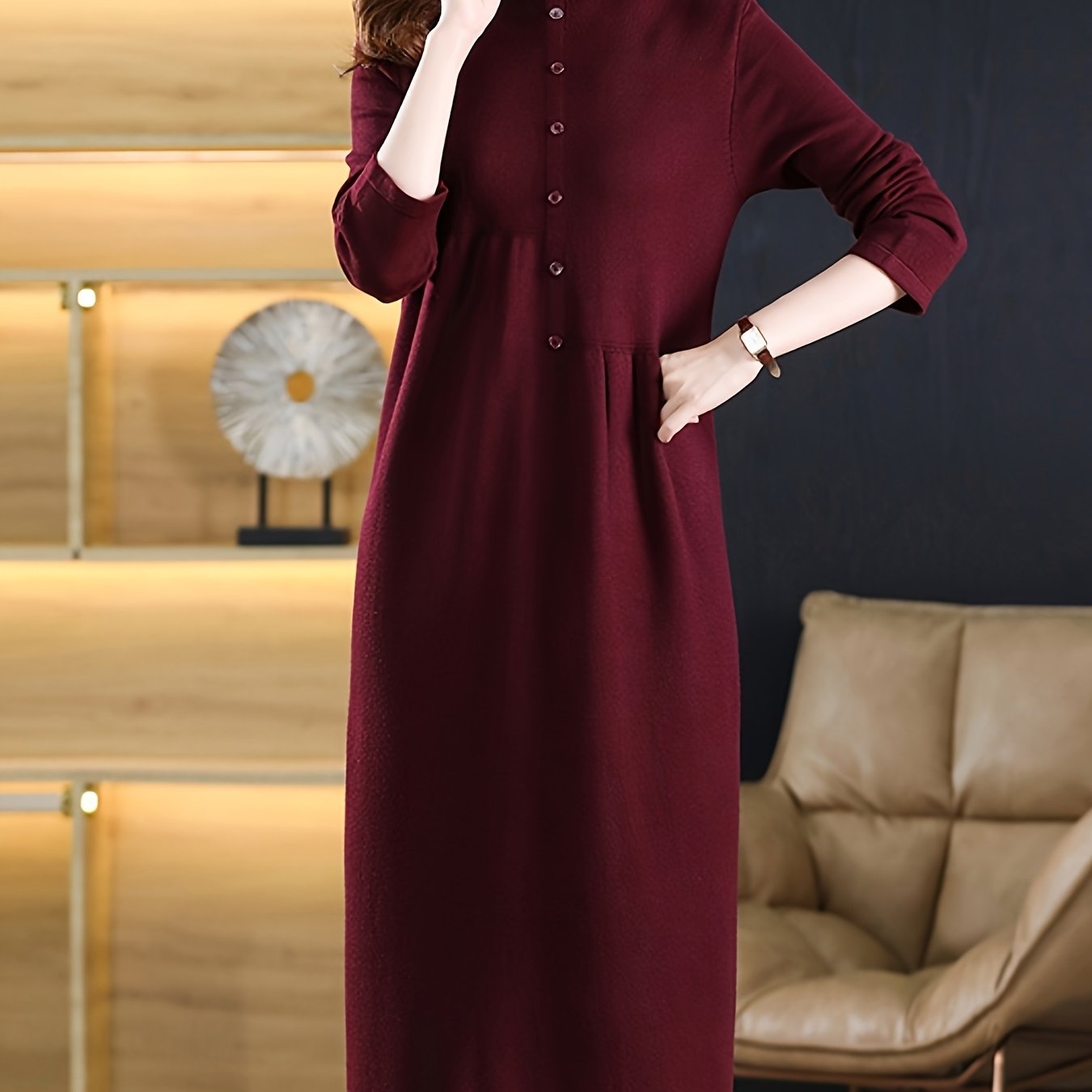 TEMU Plus Size, Autumn/winter Long Knee-length Solid Color Women's Hooded Sweater Dress With Loose Dress Lining, Long Sleeve Elegant Dress