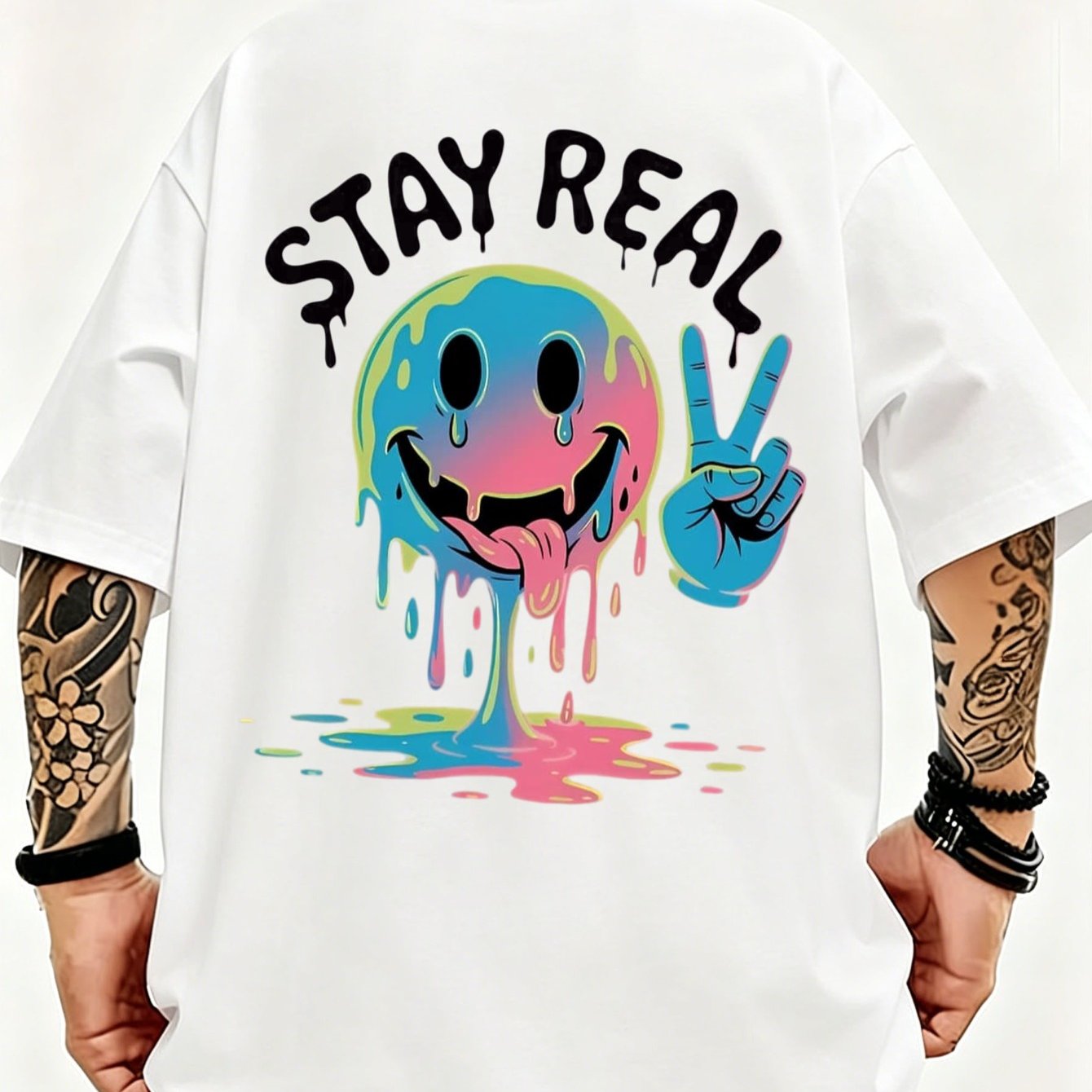 'acid Melt Smile Graphic Tee | Psychedelic Face Print | 2026 Summer Men's Black Oversized T-shirt'