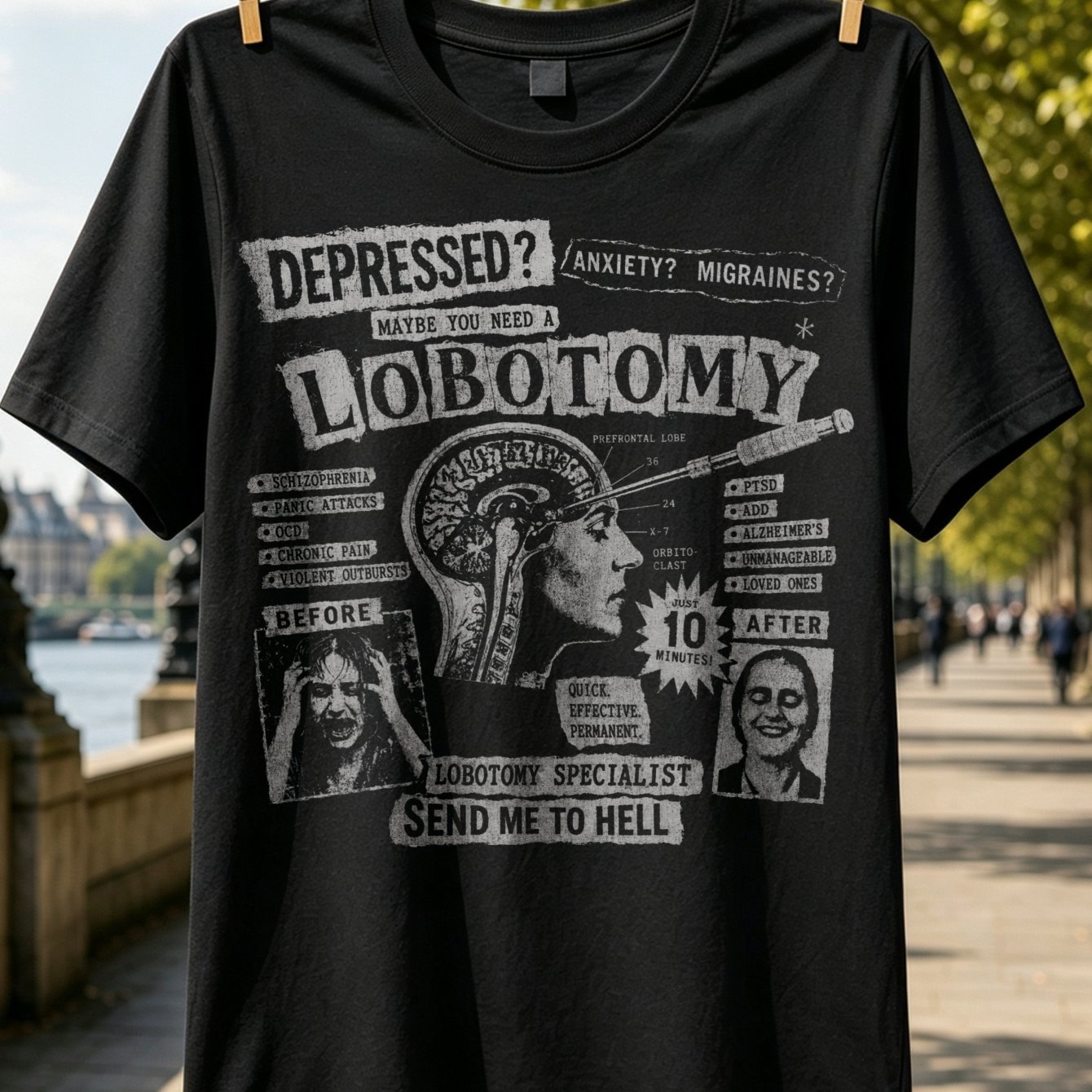 Image of Unisex Dark Humor T-shirt - Vintage Brain Anatomy Ice Pick Before/after Surgery, Distressed Grunge Suitable For - Casual Wear, Machine Washable History Tee