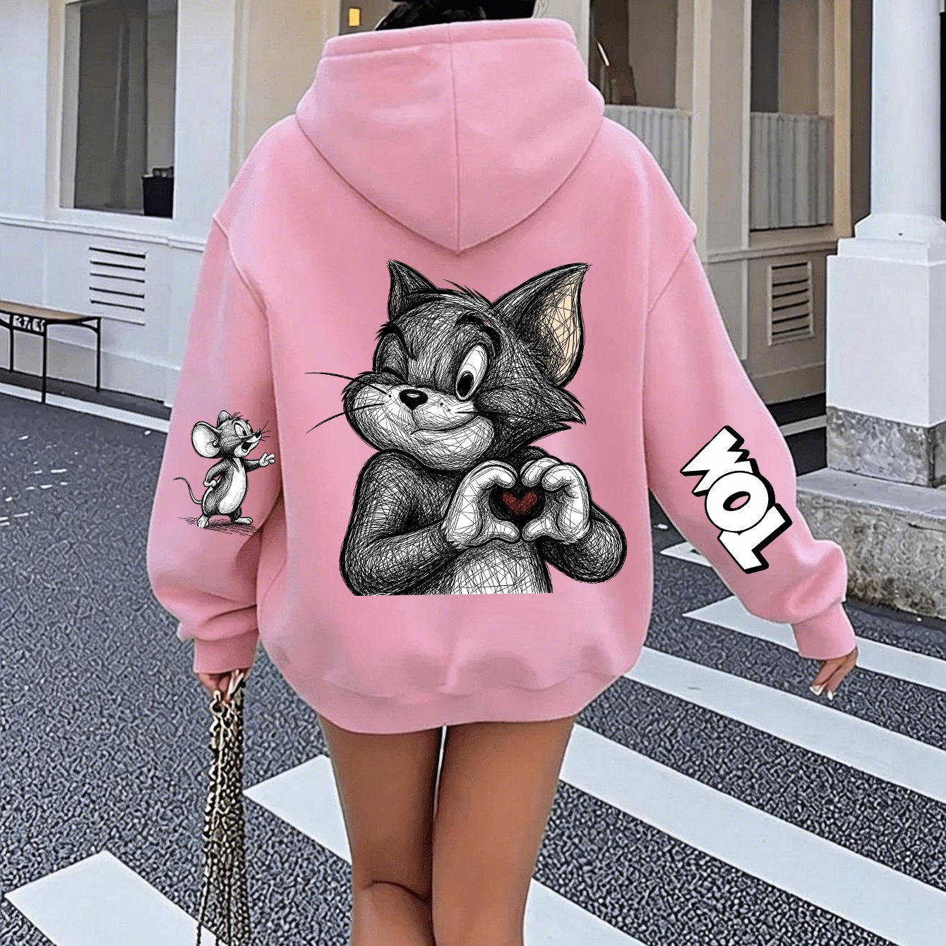 TEMU Warner Genuine Authorization, Women's Plus Size Hooded Sweatshirt, Thread Draft With Kitten And Mouse Sketch Print, Zipper Jacket With Pocket