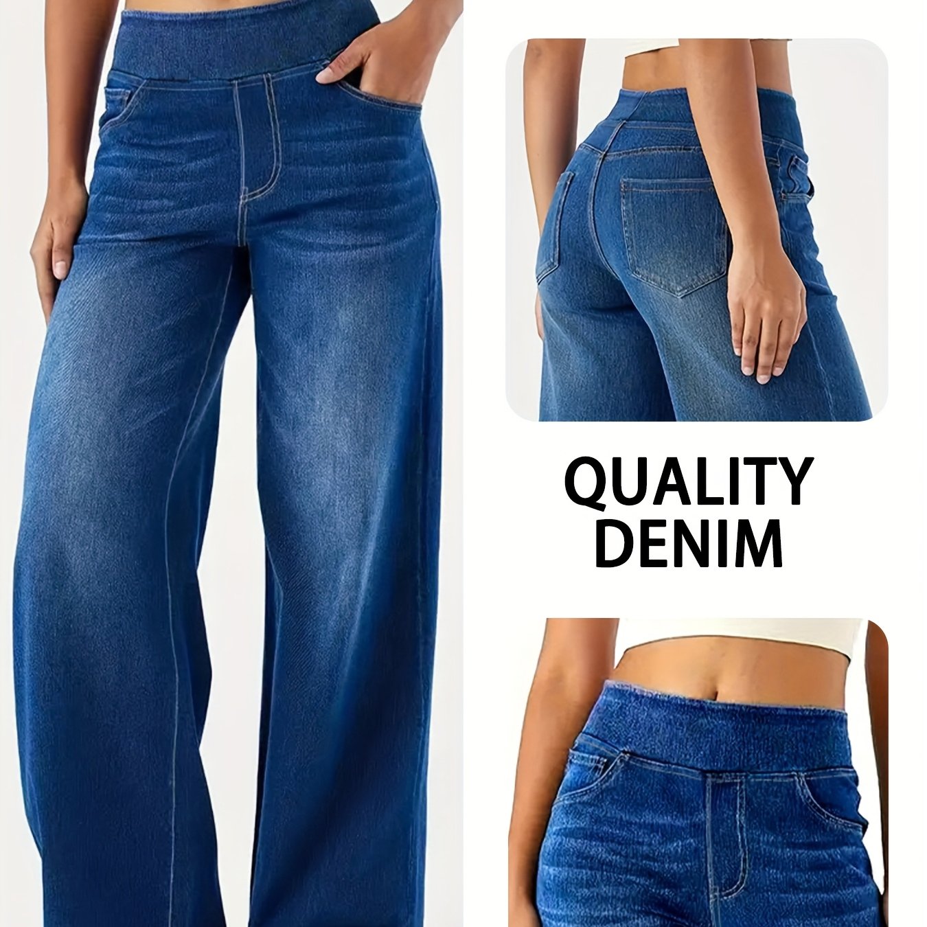 Image of Women's High Waist Elastic Wide Leg Jeans - Washed Texture Loose Fit, Casual Pants With Elastic Waist, Soft Fabric, Breathable Fashion Bottoms, For Everyday Wear
