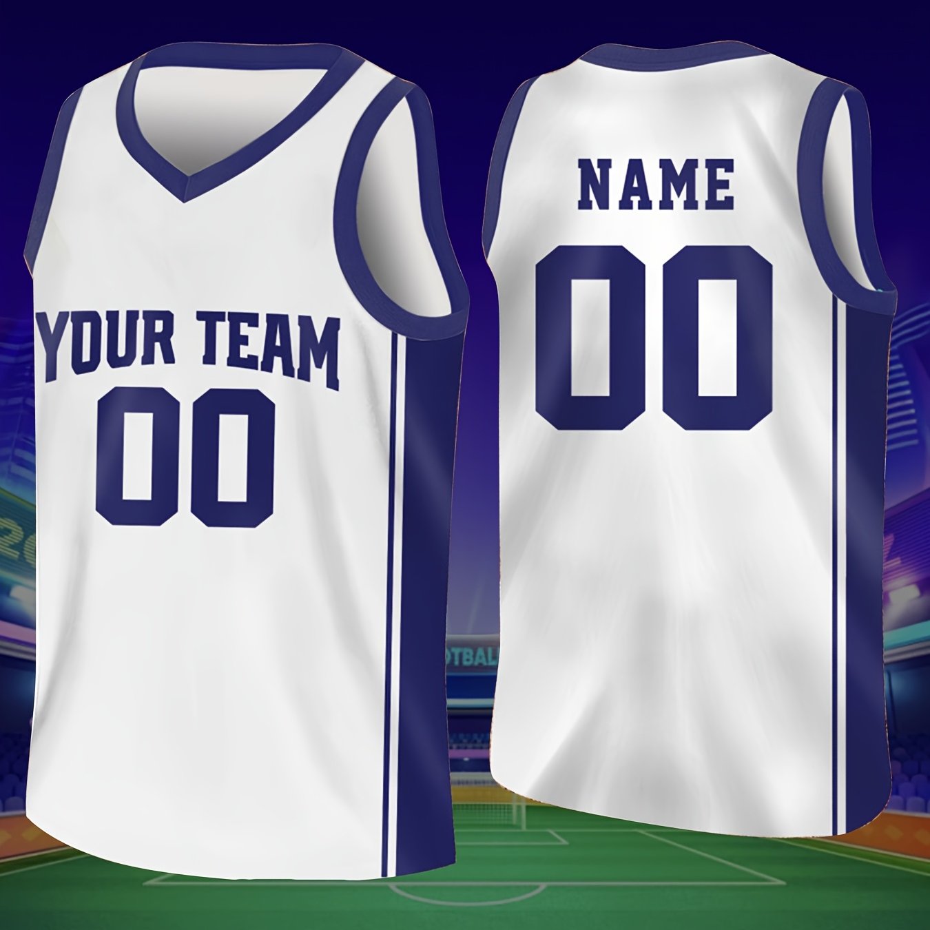 TEMU Custom Basketball Jersey - Personalized Team Name & Number, Two-name Customization (e.g., ,), White & Navy Blue Color Scheme, Lightweight