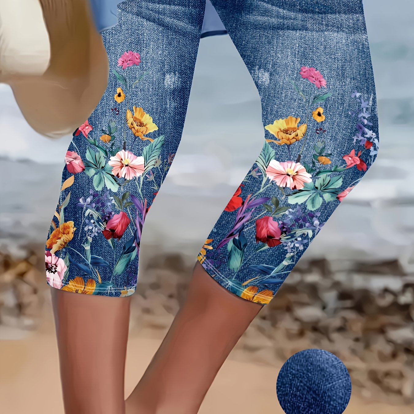 E-shop [Bedruckte Hosen - Kein Denim-Stoff] Übergröße - [Bedruckte Hosen - Kein Faux Denim-Stoff] Übergröße - Elegante, floral bedruckte, schlanke Faux