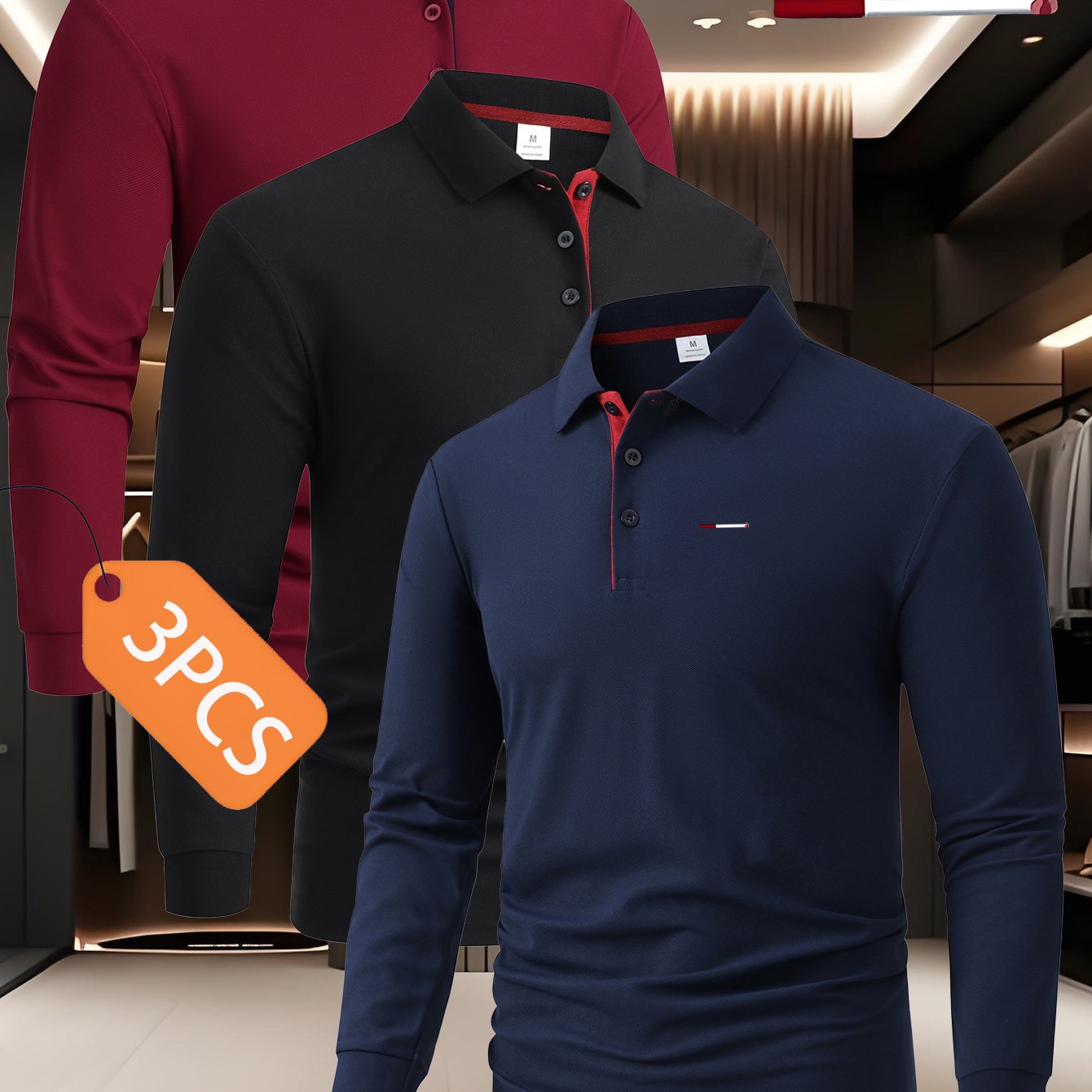 TEMU Juego de 3 piezas C8-351 Nueva camisa polo de larga para hombre, tela de con bloques de color, cómoda y versátil, corte regular, top de moda con
