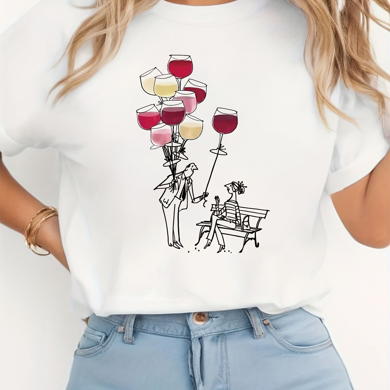 TEMU Plus Size - Plus Size - Plus Size Women's Short-sleeve T-shirt With A Creative Wine Glass Balloon Pattern For Spring And Summer