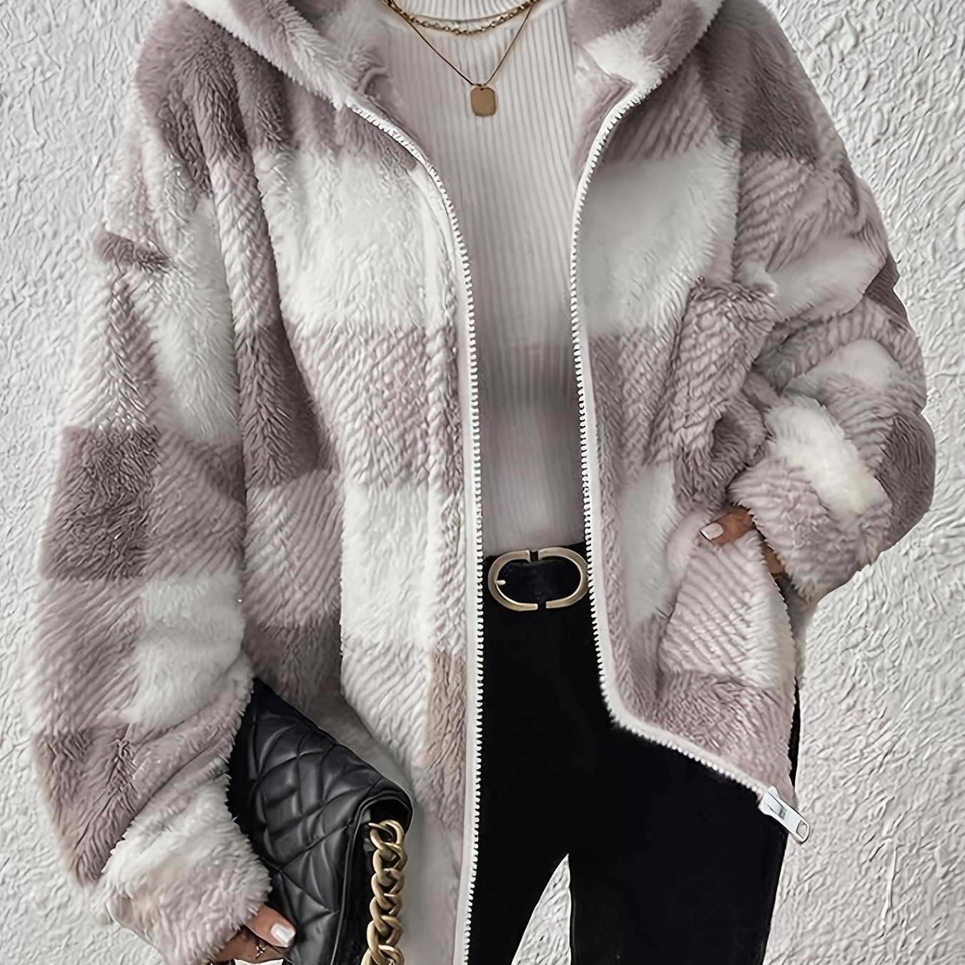 TEMU Neue Damen-Karo-Plüschjacke für Herbst/Winter 2026, Color-Block lockere Kapuzenimitatjacke mit Reißverschluss, und lässem warmem Teddyfutter