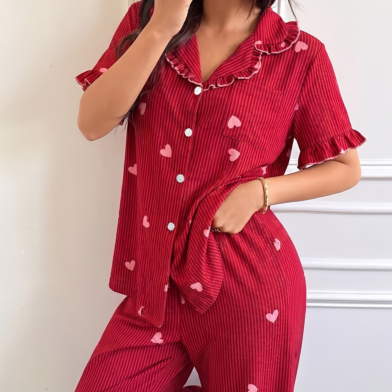 TEMU Women's Classic Minimalist Vintage Hong Style Striped Heart Lapel Mushroom Hem Single-breasted Button Front Cardigan Short Sleeve And