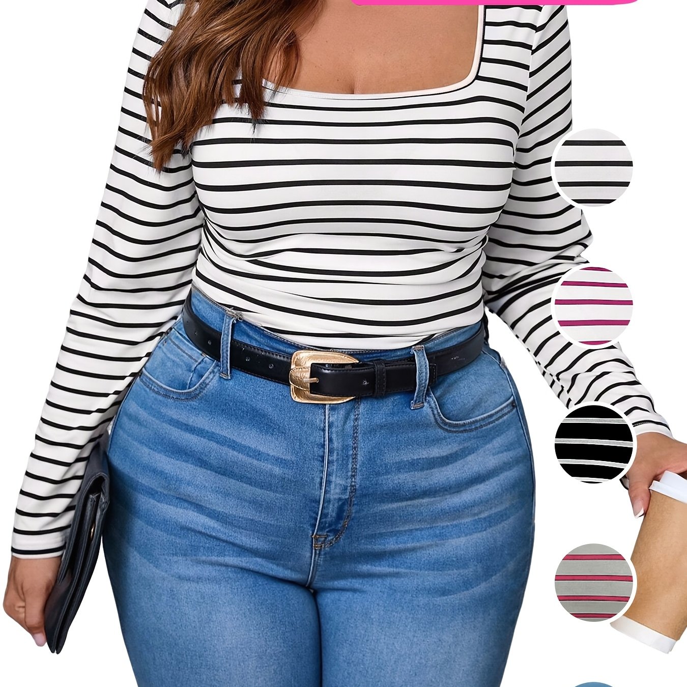 1pc Random Color Women's Plus Size Striped Long Sleeve T-shirt