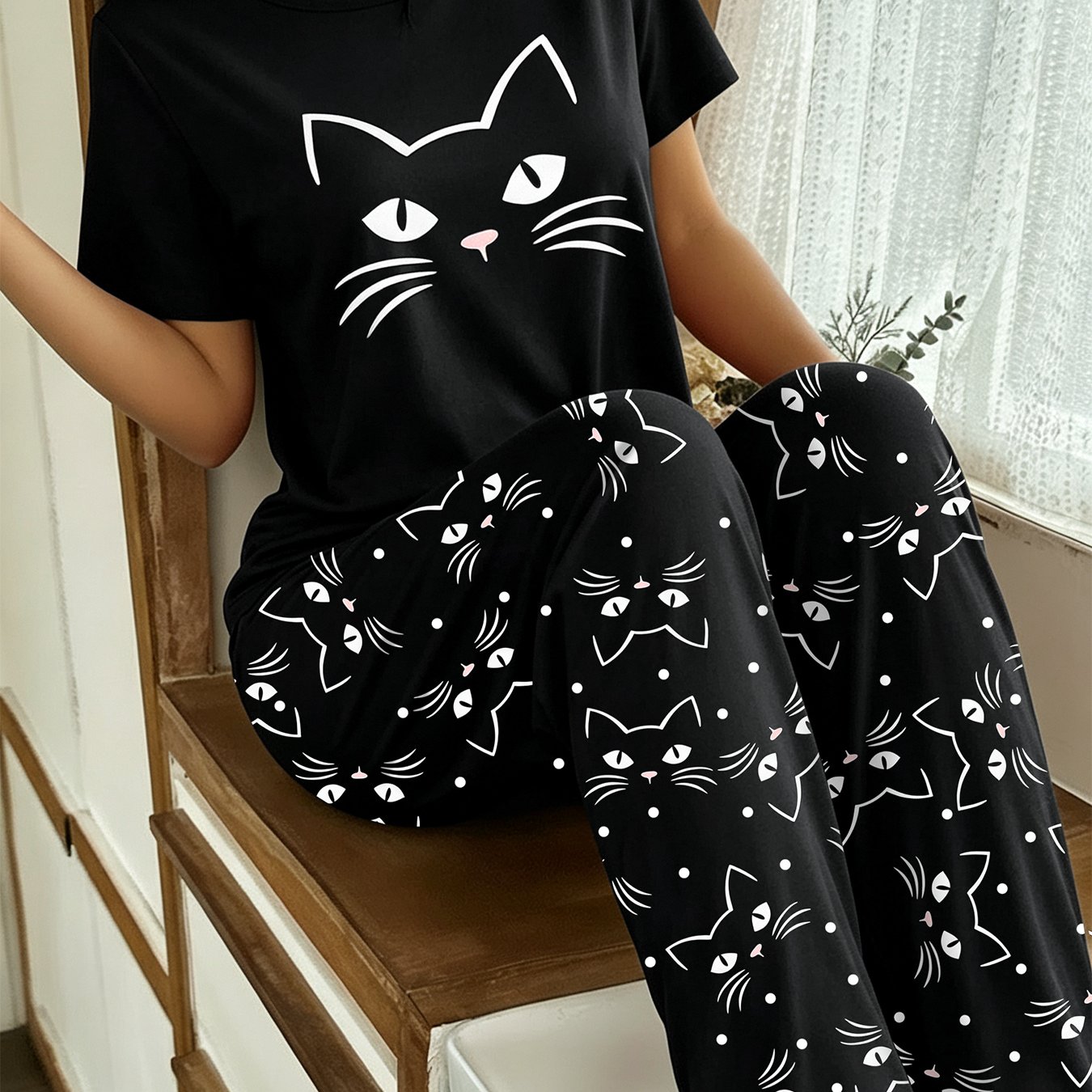 TEMU Women's Black And White Cartoon Cat Crew Neck Short Sleeve And Long Pants Pajama Set, Loose Fit Adult Loungewear