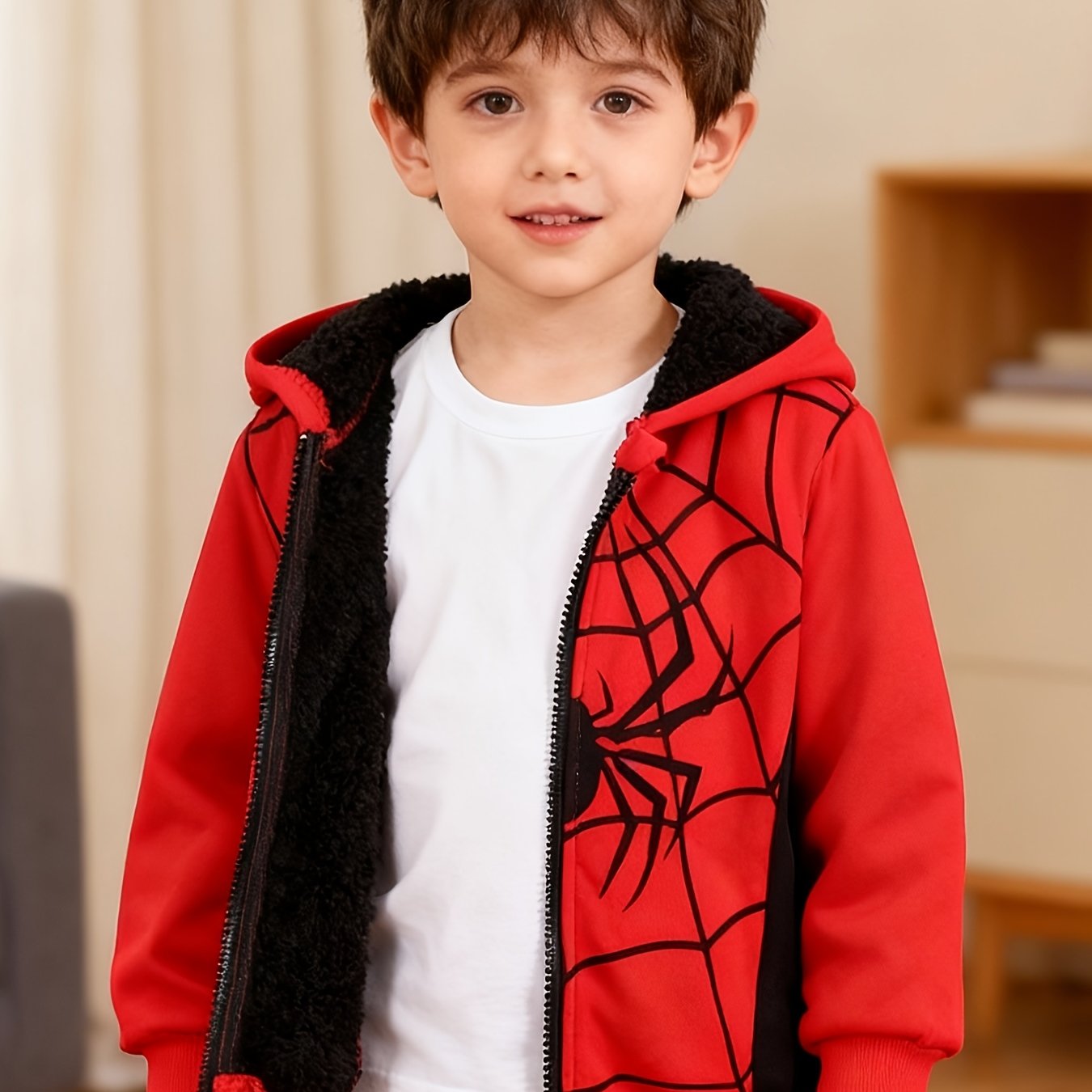 Image of Boys' Fleece Thickened Jacket Spider Web Print Fleece Coat Autumn Winter Style Long Sleeve Fashion Casual Outerwear Boys' Thickened Top