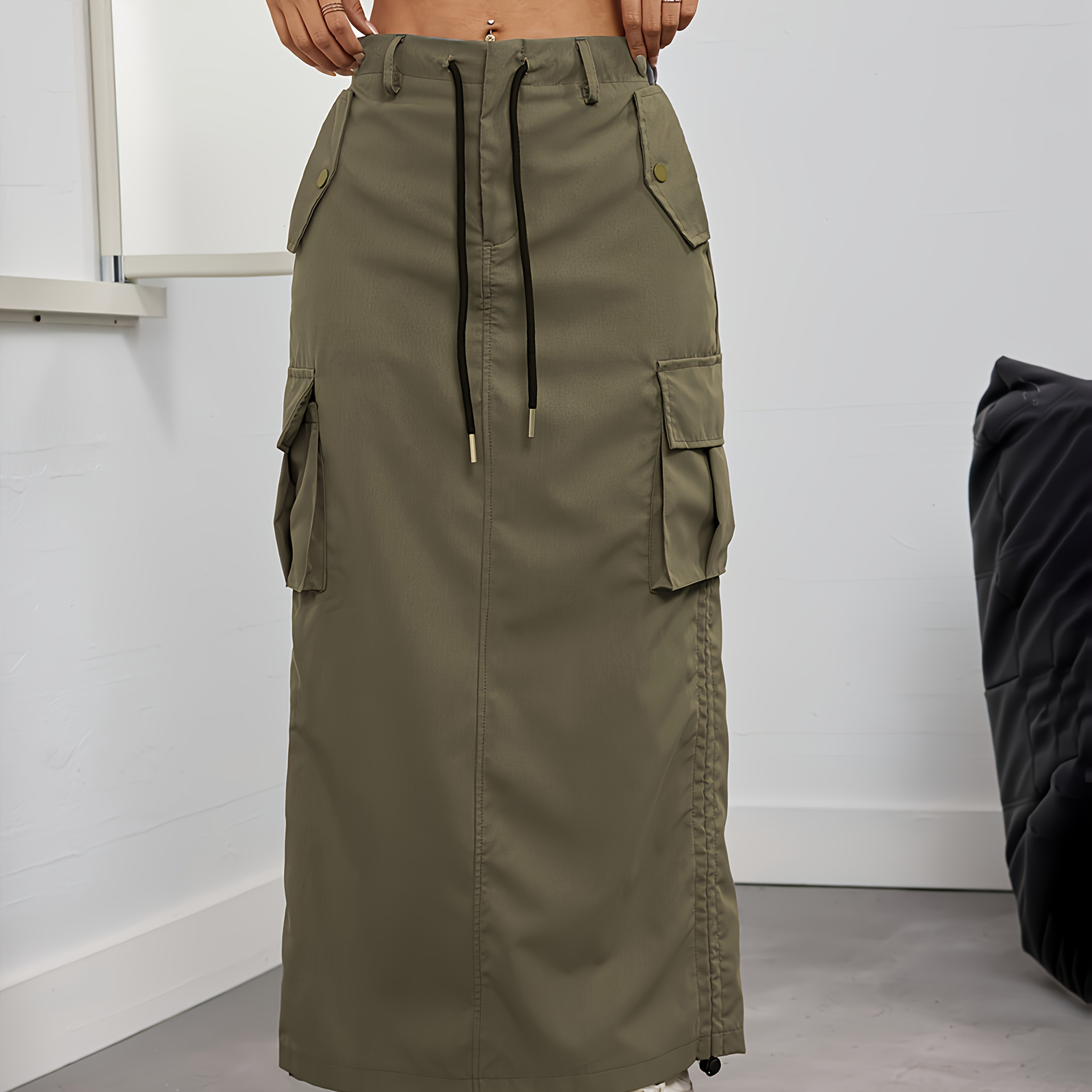TEMU Retro Loose-fitting Ins-style Drawstring Utility Skirt For Women, Casual Straight-cut Midi Skirt With A Back Slit For Spring And Summer.