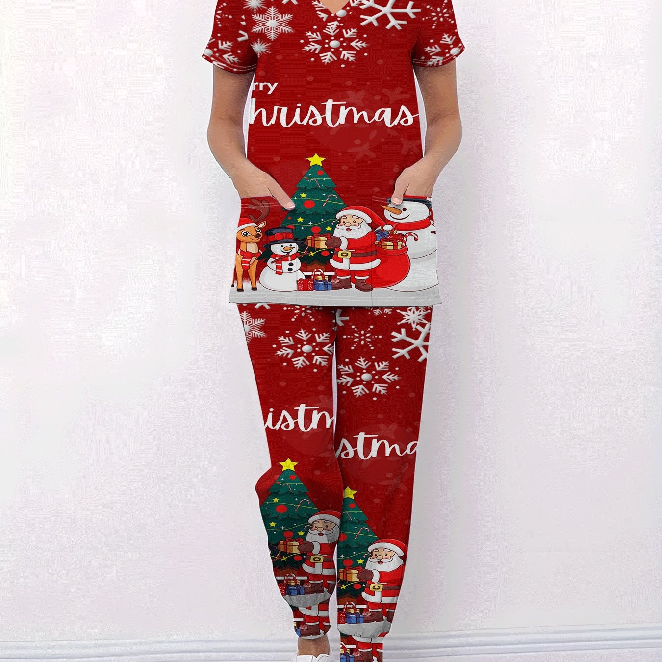 TEMU Christmas, V-neck Nurse Uniform Set Full Series Patterns, Holiday Gift V-neck, Pockets, Breathable Comfortable Nurse Uniform Set, Pajamas, Daily