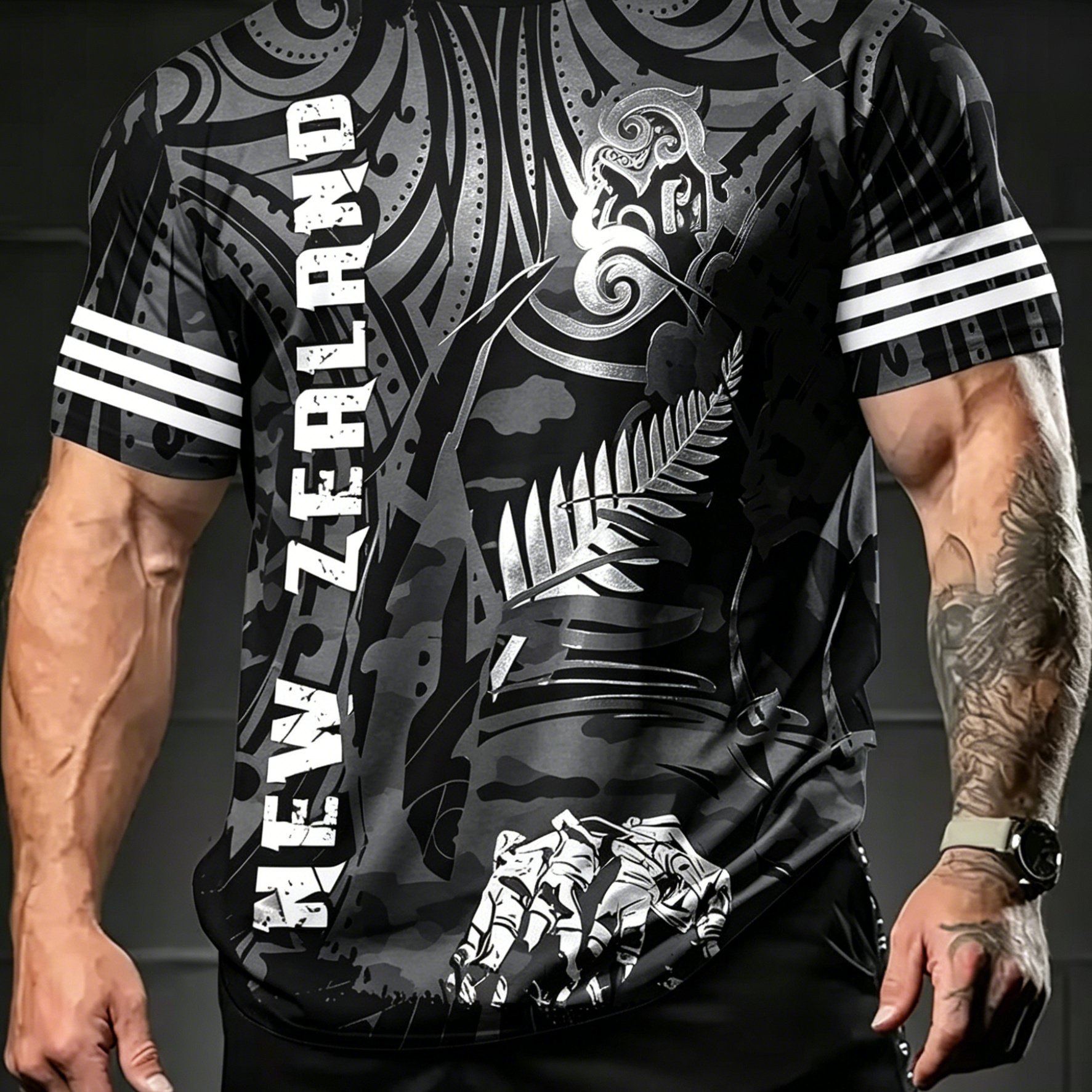 TEMU Printed Design Not Textured Men's Casual Neck Short Sleeve T-shirt, New Zealand Themed Sportswear, Suitable For Gym Workouts/street /campus Wear
