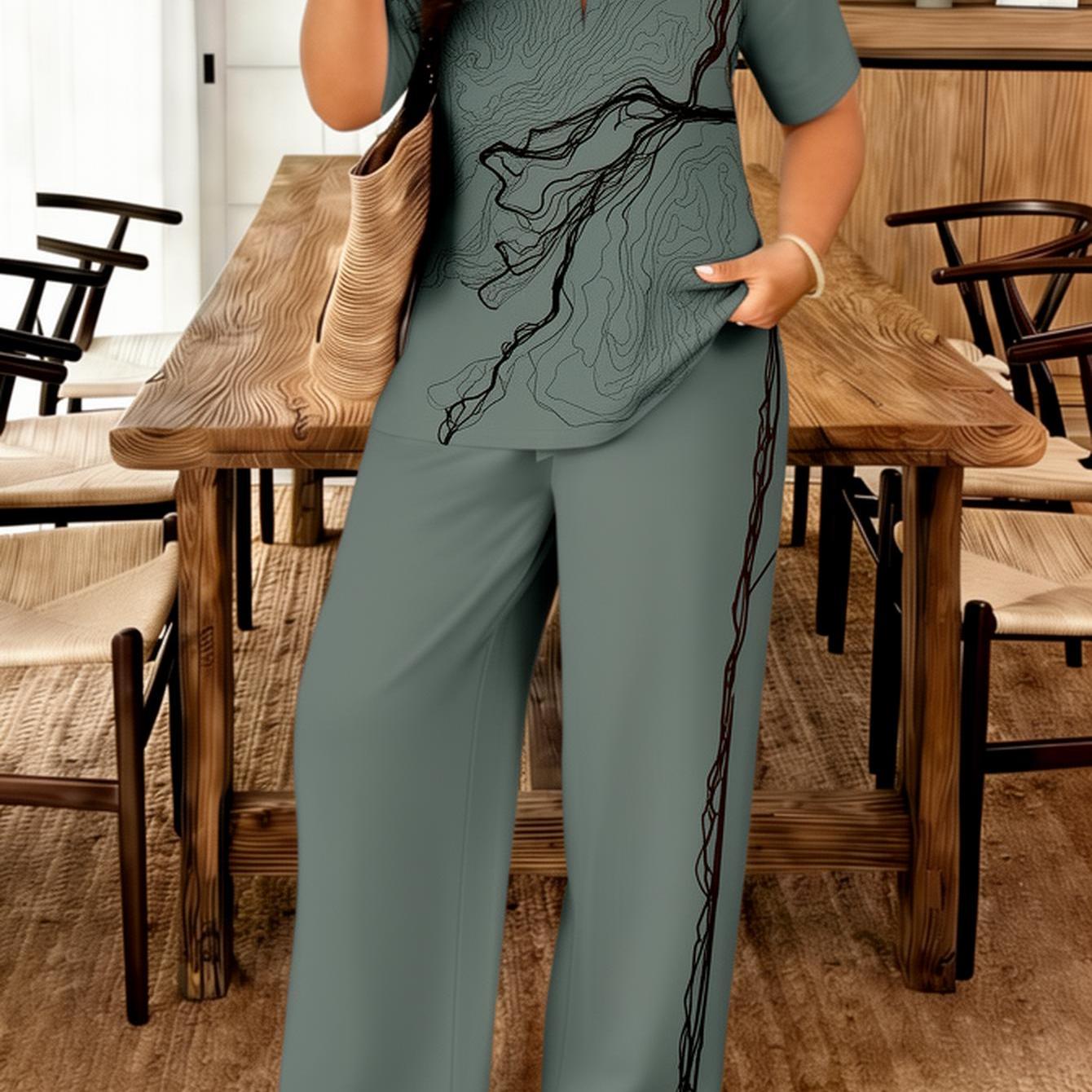 Image of Plus Size - Plus Size - Plus Size Women's 2pcs Set Elegant Tree Print Short Sleeve Pants Set For Women Casual Outfit Style Suit For Spring/summer Outdoor Outfits, Gifts For Mother's Day