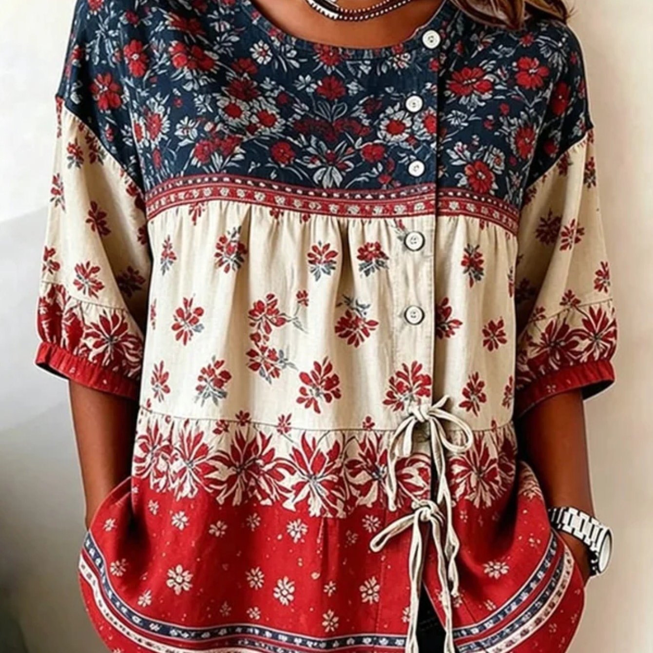 Image of Plus Size, Women's Retro Art Three-color Splicing Flower Day Pattern Printing Medium-sleeved Shirt, Women's Casual Loose Summer Shirt, Fashionable And Versatile, Suitable For Spring And Autumn, Is