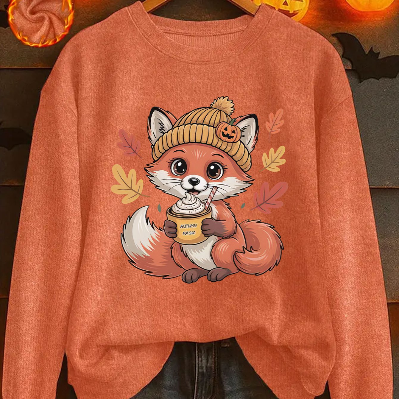 TEMU Fox Autumn Drink Pattern Print Design, Women's -lined Style Casual Round Neck Fabric Top For Autumn And Winter