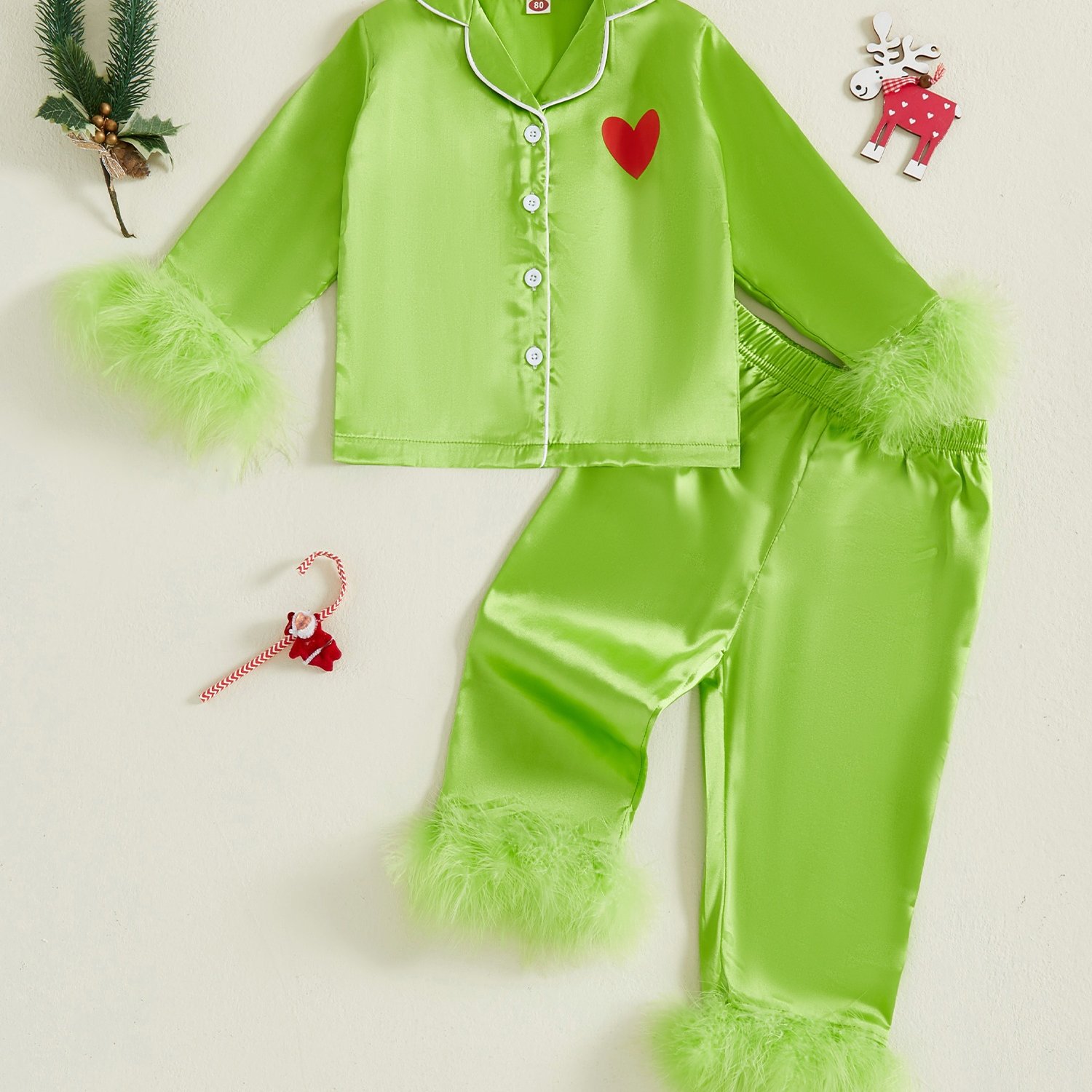 TEMU Christmas Heart-shaped Printed Long Sleeved Lapel Button Top With Feather Cuffs, Outdoor Daily Casual Wear, Clothing For Autumn, Winter, School,