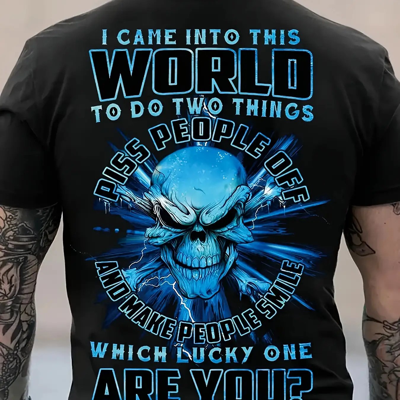 TEMU Men's Plus Size Graphic T-shirt- Skull And Lightning Design With -garde Slogan, Black And Blue Color Block, Regular Fit Casual Short Sleeve