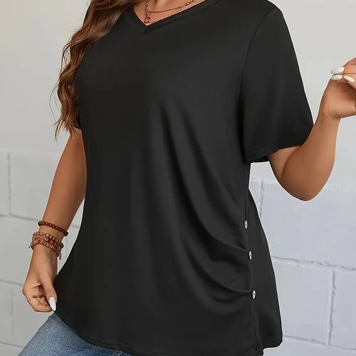 womens plus size neck casual t shirt short sleeve polyester button up knit fabric top with flared hem casual beachwear casualwear polyester fabric