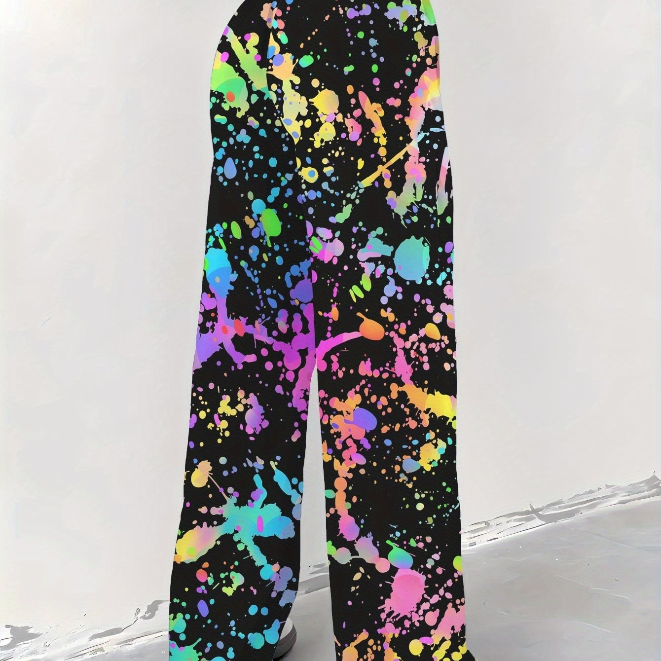 Image of Women's Wide-leg Pants, Paint Splatter Pattern Print, Soft And Breathable Fabric, Machine Washable, Non-fading, Durable Print, , Suitable For Outdoor, Fashionable Trendy Bottoms
