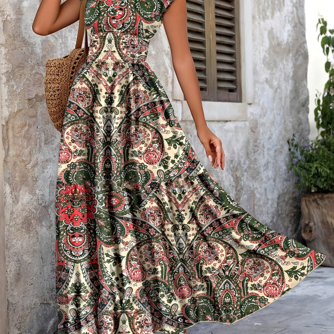 TEMU Robe longue pour femme, printemps/été, style européen, à manches courtes, col en V, à patchwork et imprimé