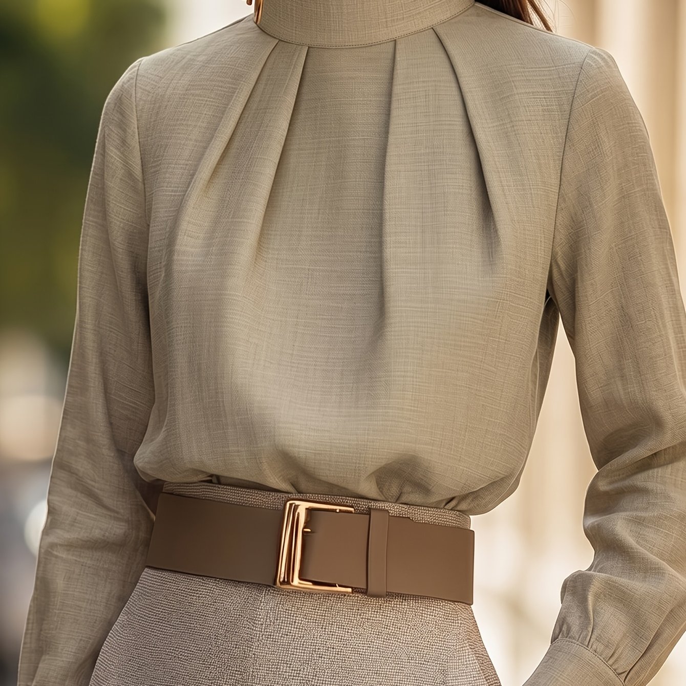 TEMU Chemise plissée à col montant de style français pour femme, haut élégant à manches longues pour les quotidiens
