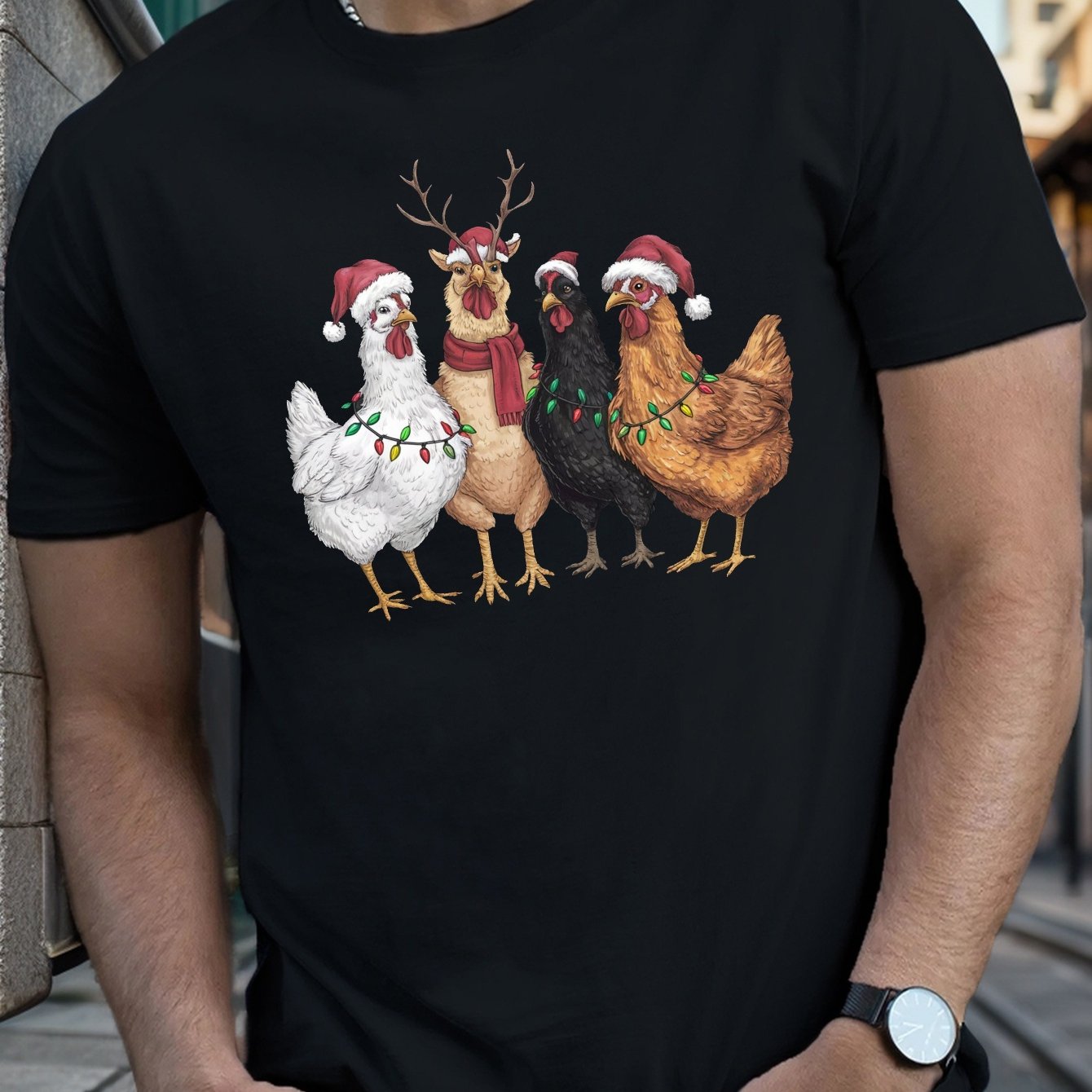 TEMU Men's Christmas Chicken Graphic T-shirt - Festive Santa Hat Chickens With Christmas Lights Print, Lightweight Breathable Short Sleeve Round Neck