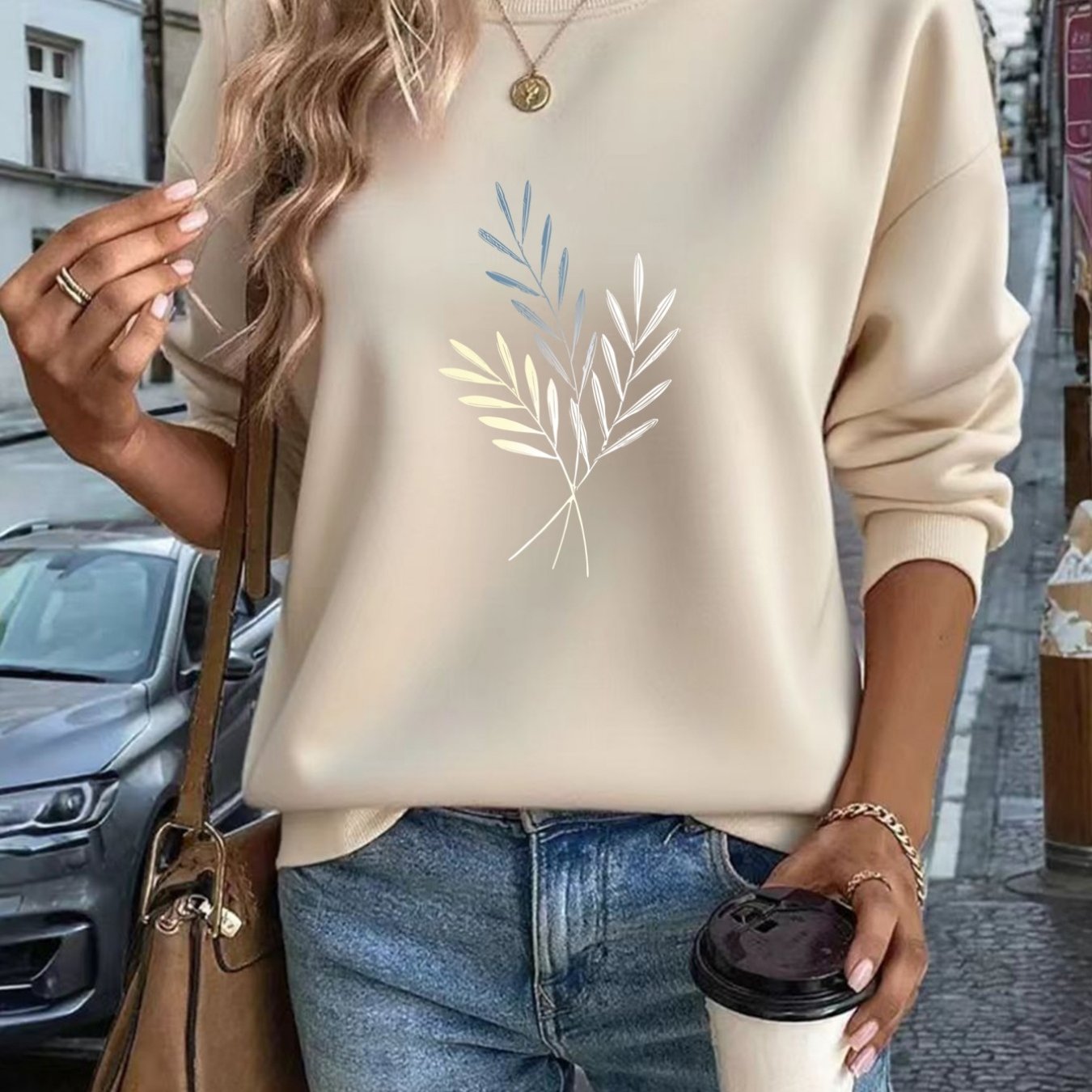 TEMU Plus Size - Autumn Winter Women's Round Neck Sweatshirt Plant Branch Leaf Fabric Comfortable Casual Casual All-match Wear