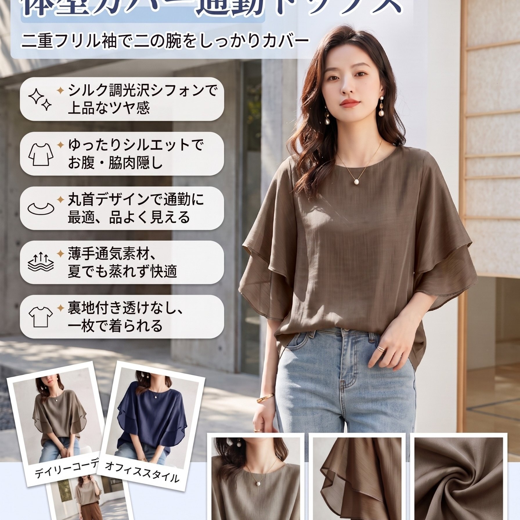 TEMU 【商品名】レディース ネイビーブルー ブラウス、 バット トップ、二重レイヤー スリーブ、ルーズフィット、ボディカバー、通気性と伸縮性、しわになりにくい、春/夏/秋に最適、仕事、デート、普段使い、カジュアルウェアに最適