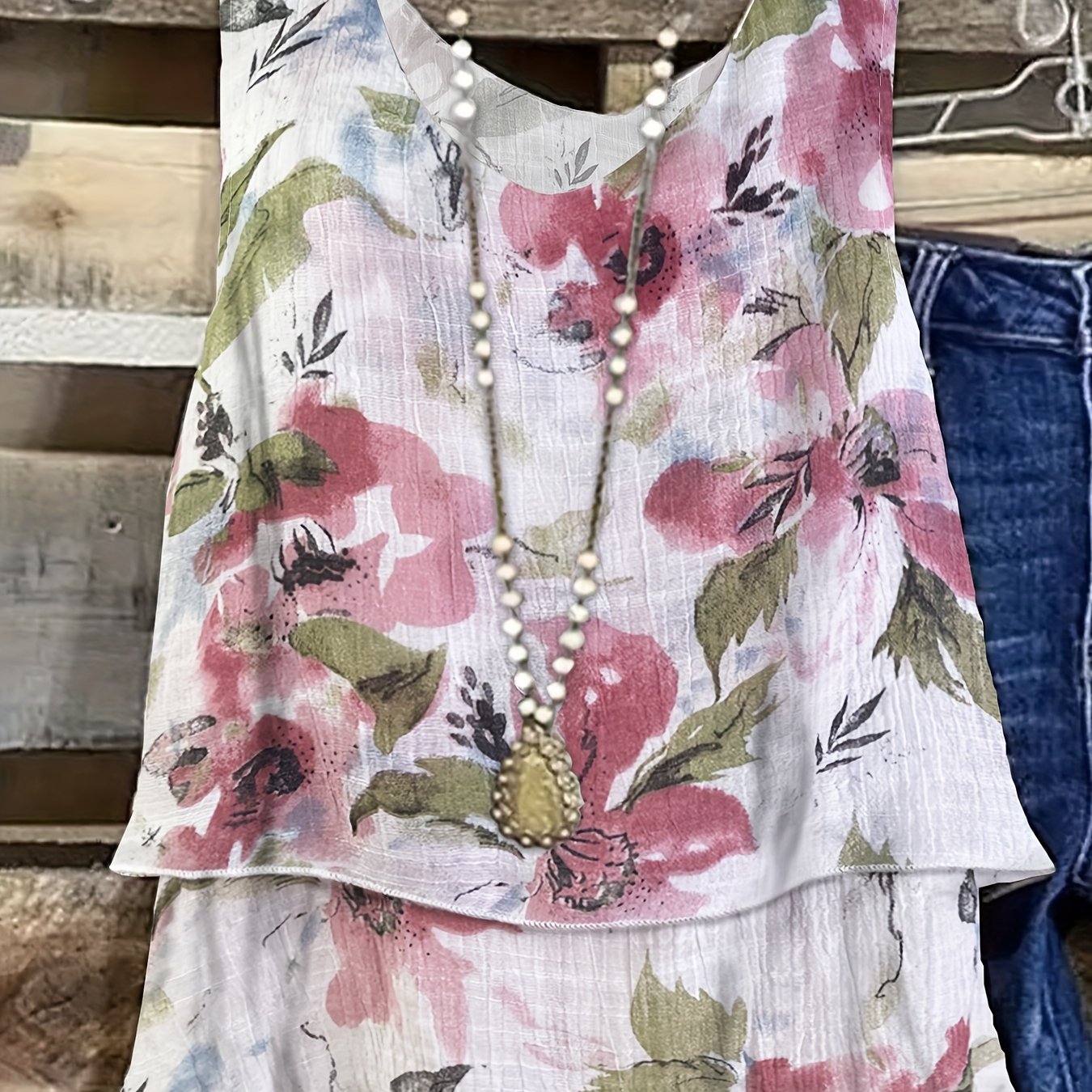 E-shop Sommerdruck-Layer-Rüschen Damen Casual Mode Ärmelloses Rundhals-Tanktop