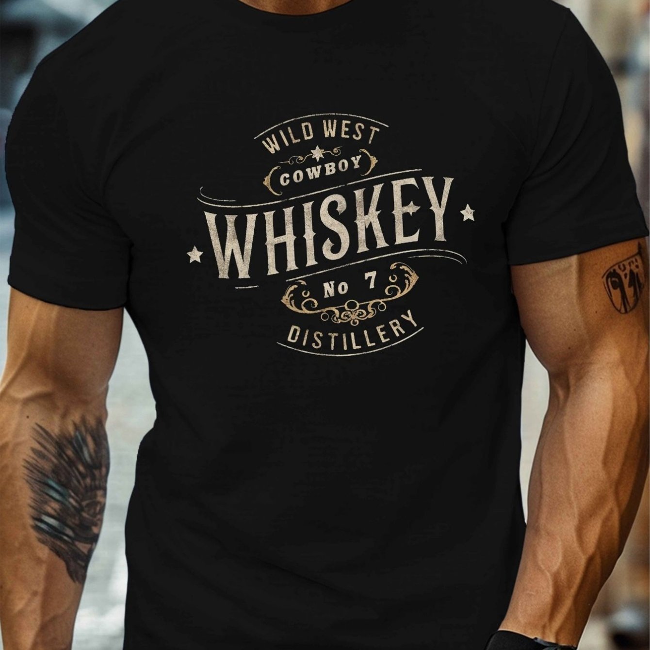 TEMU Men's Western Whiskey Themed Short-sleeve T-shirt - Wild West Style; Whiskey Print, Loose And Casual Fit, With Bourbon And Rye Whiskey Designs,