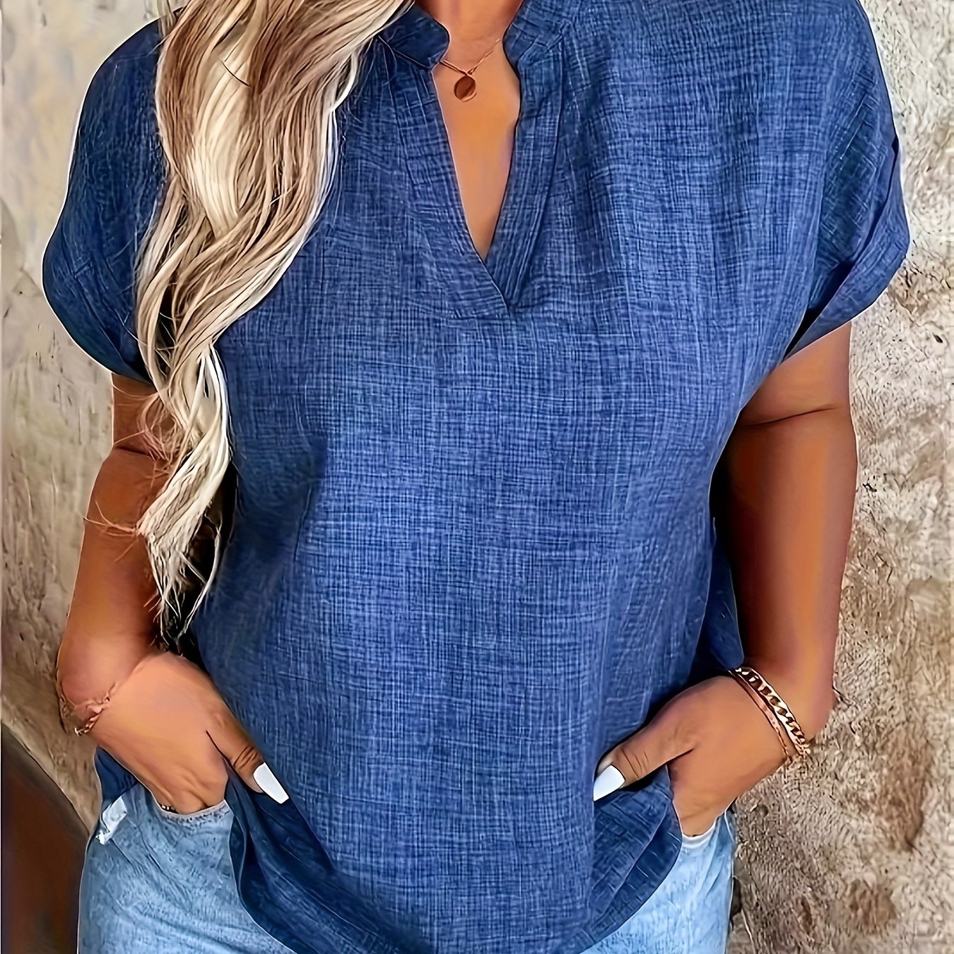 TEMU Elegant V-neck Short Sleeve Stand Collar Top