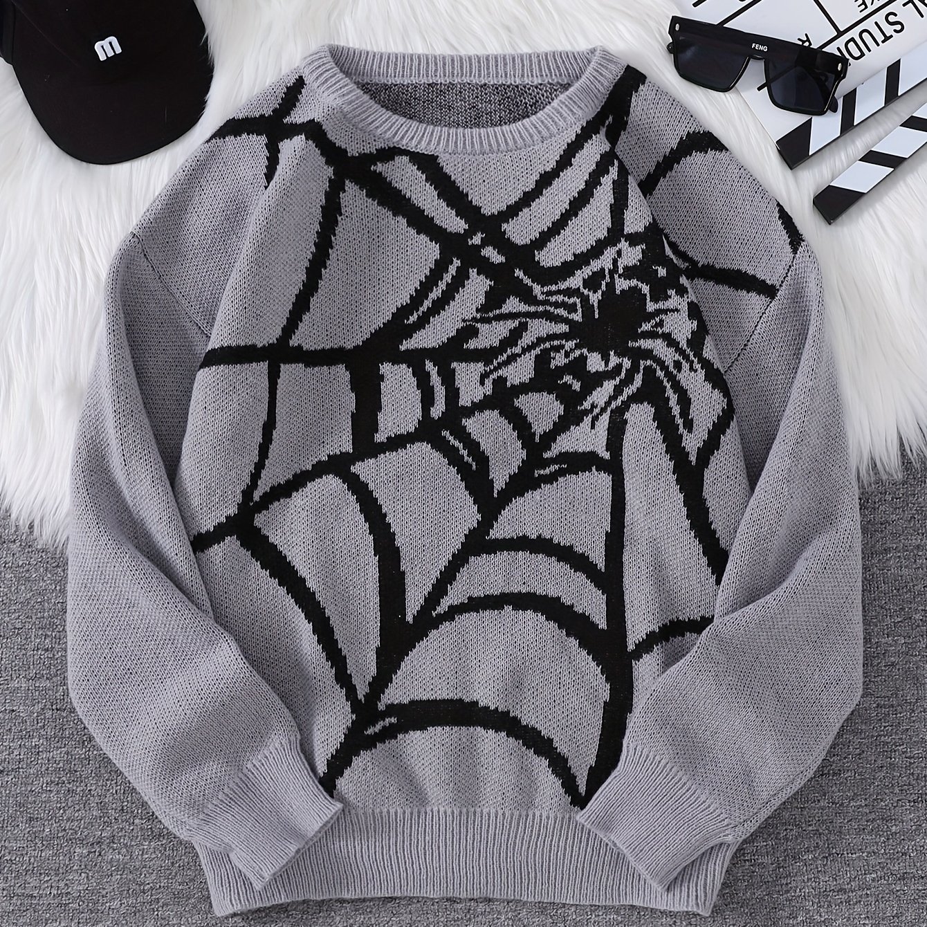Autumn/winter Spiderweb Jacquard Pattern Pullover Sweater, Casual Crew Neck Knit Men's Pullover, Halloween
