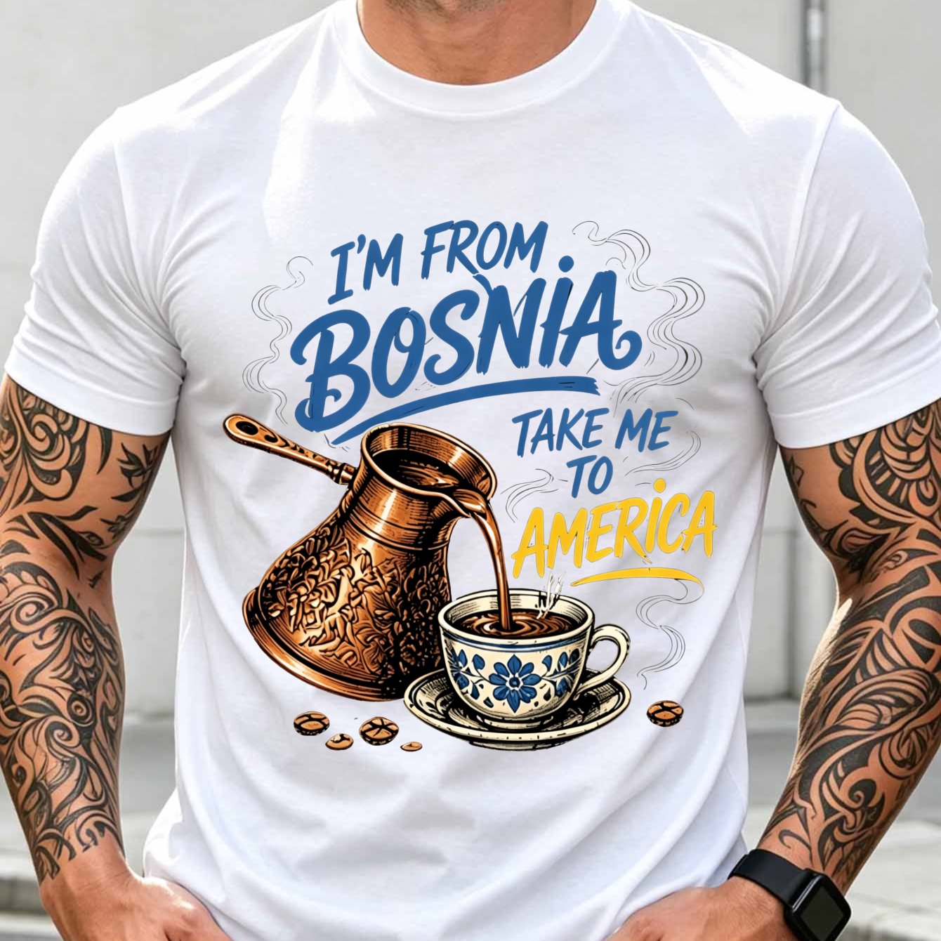 Image of I M From Bosnia To America Coffee Pot And Cup Design White T Shirt For Daily Wear Casual Outfit Short Sleeve