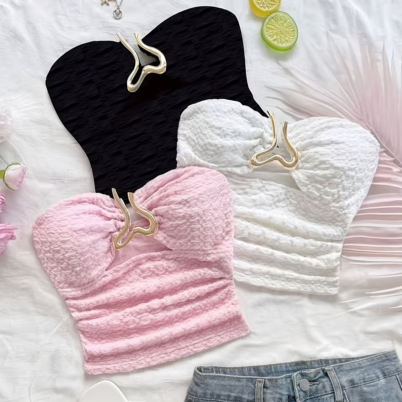 TEMU Elegant Women's 3pcs Set: Vacation-style Texture Cropped Camisole With Heart-shaped Metal Decoration, Fit. Christmas Outfit 3pcs Tank Top,