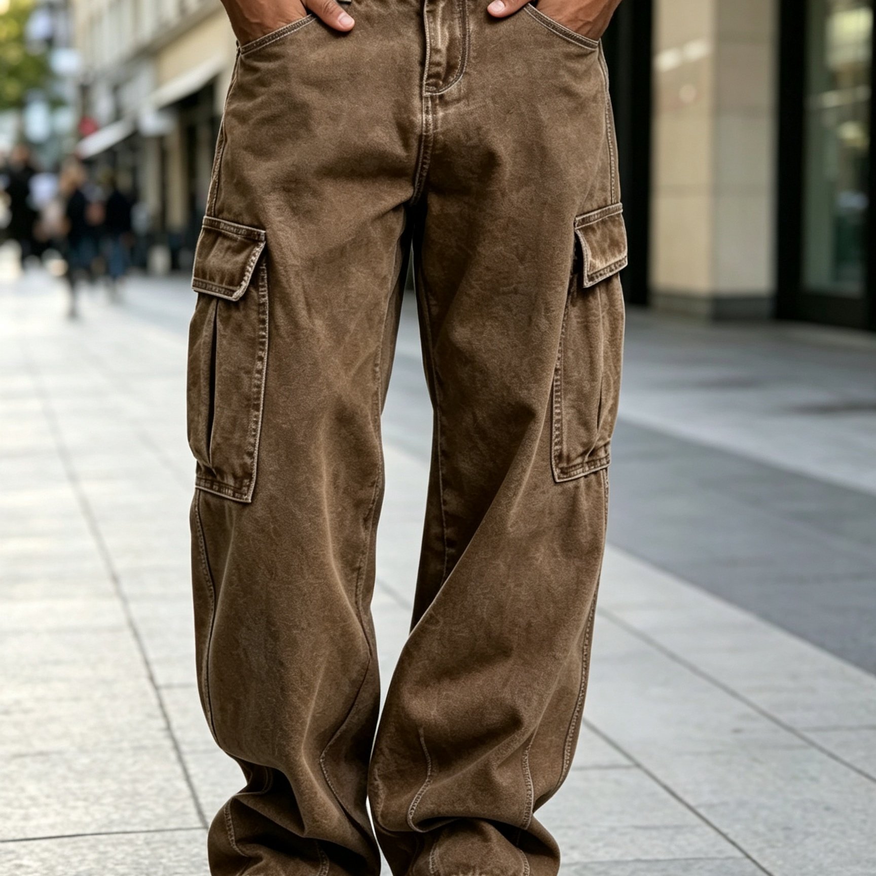 TEMU [hme] Men's Straight Brown Denim Cargo Pants, Fashionable Versatile Style, Soft Machine Washable Fabric, Built-in Y2k Style Zipper. Vintage