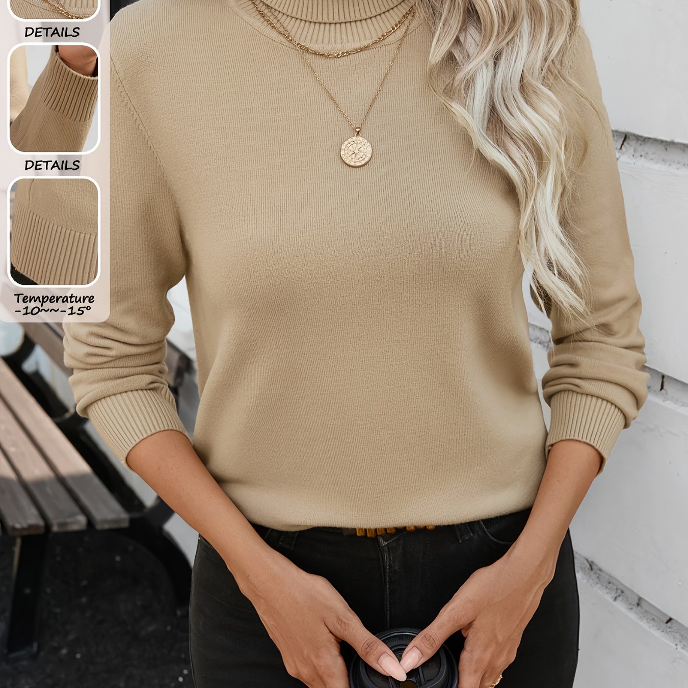 E-shop Damen Warme High Neck Pullover - Weicher, dehnbarer Langarm Unterhemd, Mittlere Elastizität, Warmer Stoff, Einfarbiger, vielseitiger Essential -