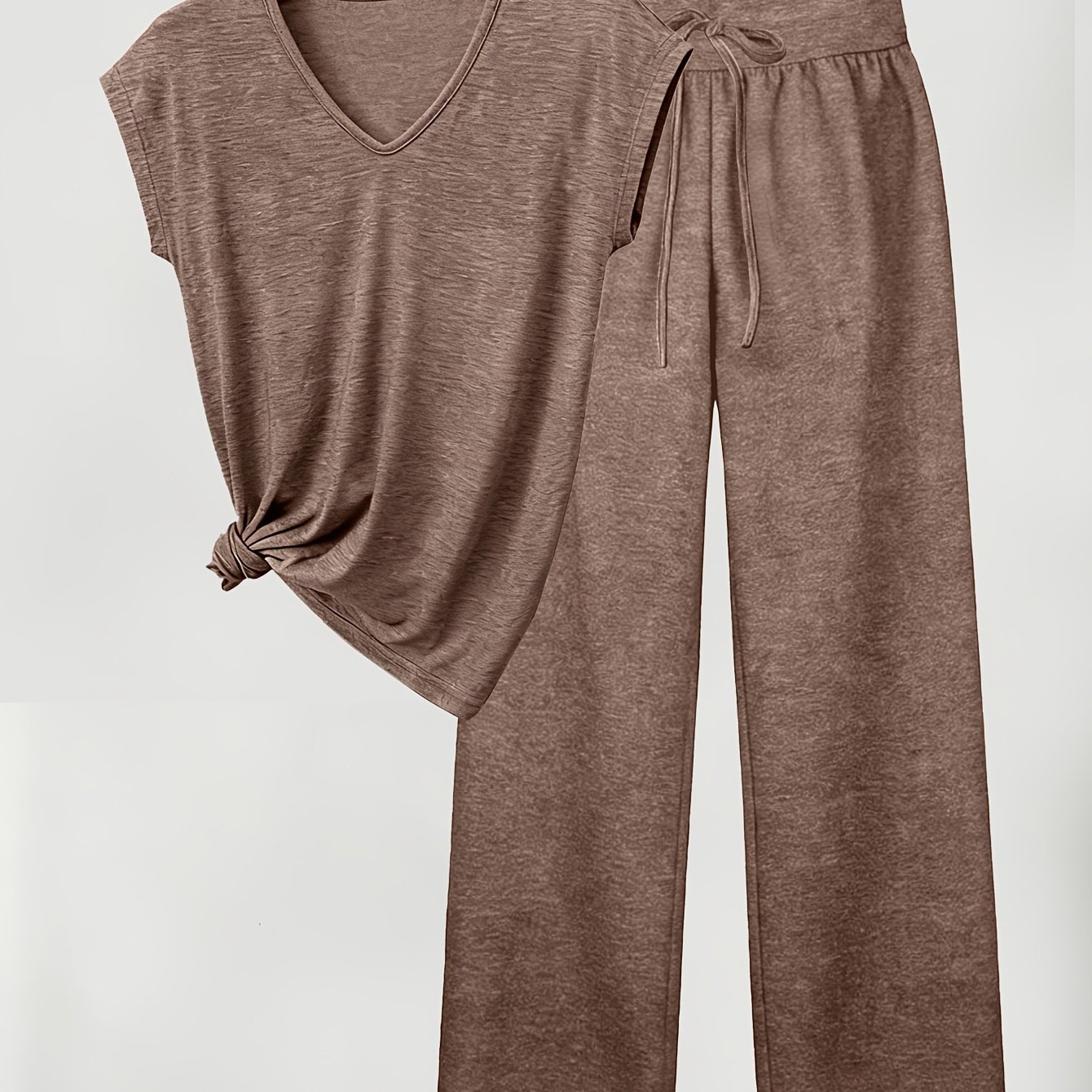 TEMU Conjunto de camiseta de manga corta con cuello en V y pantalones largos para mujer, diseño fácil, ajuste , tejido de elasticidad media, cintura