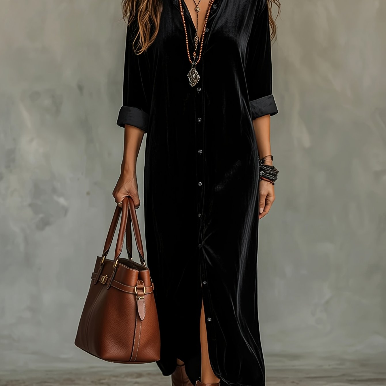 TEMU Women's Autumn/winter Velvet Long Sleeve Vintage Slit Maxi Dress