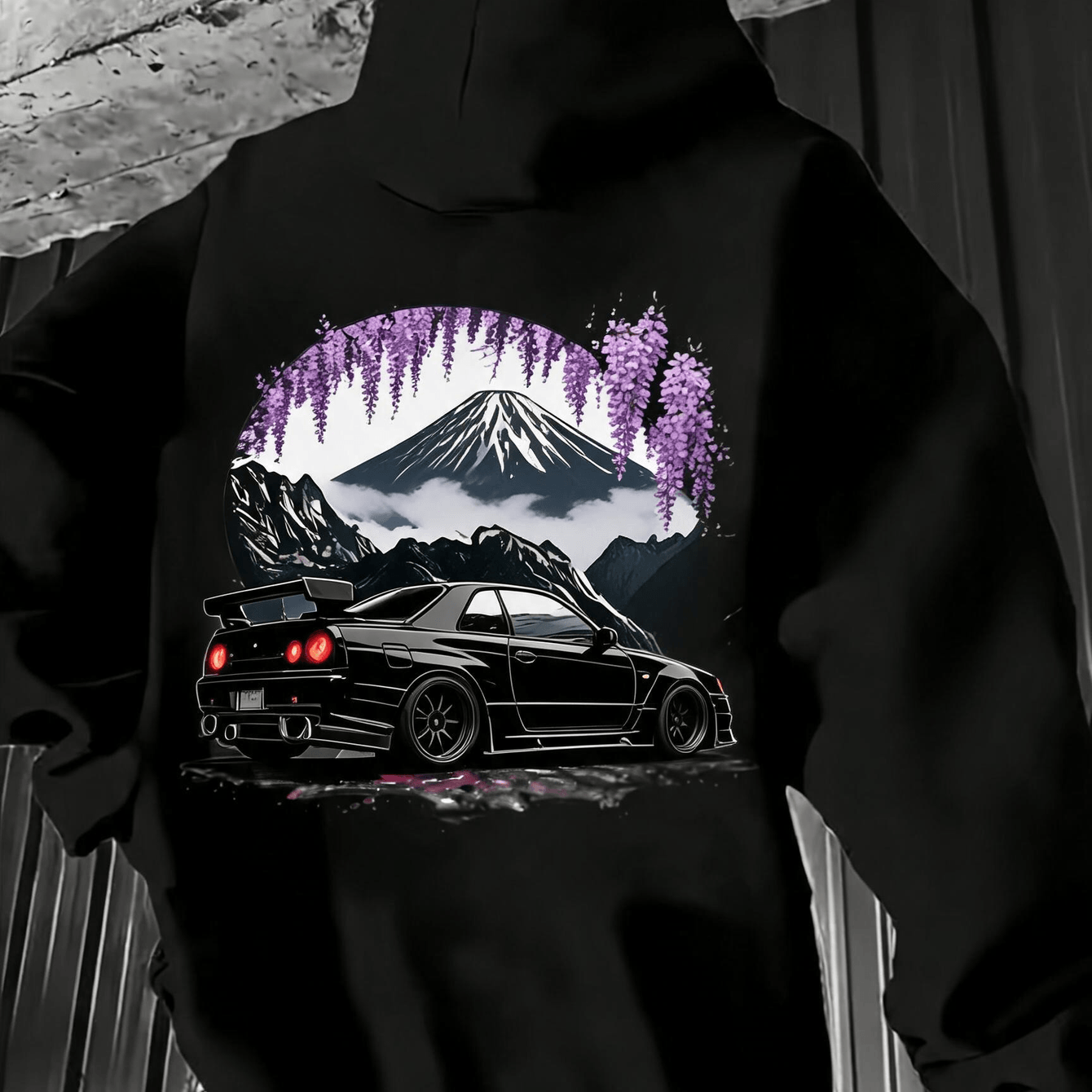 Image of Zcaynger Men's Japanese & Wisteria Car Print Hoodie - Thickened Warm Suitable For Car Enthusiasts, Machine Washable Streetwear Gift For Outdoor Casual Wear, Autumn Winter Daily Use (regular Fit)