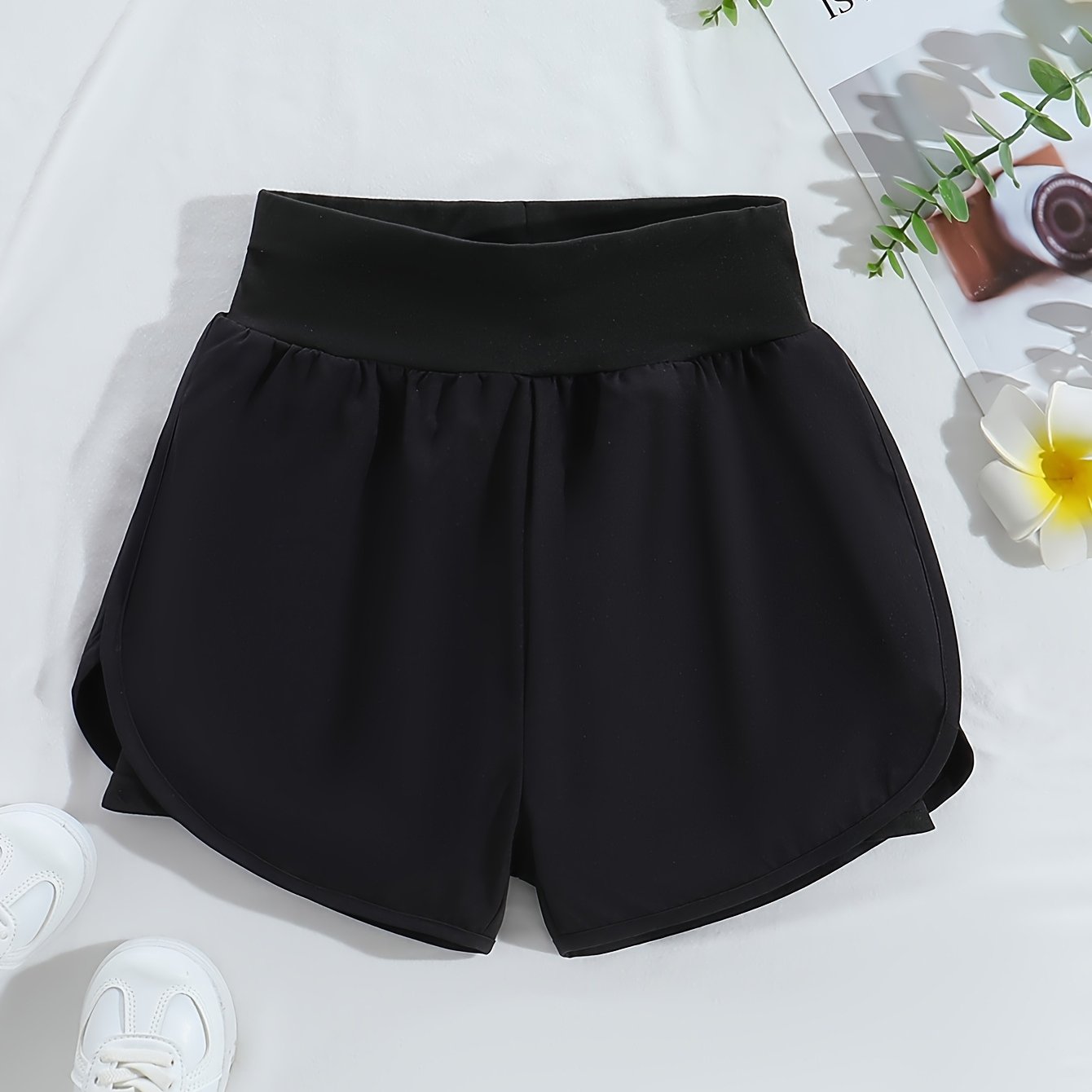 Image of Girl Fashion Solid Color Irregular Design Sports Short, Summer Casual, Polyester Knit Fabric, Stretch, Regular Fit, Non, For Outdoor