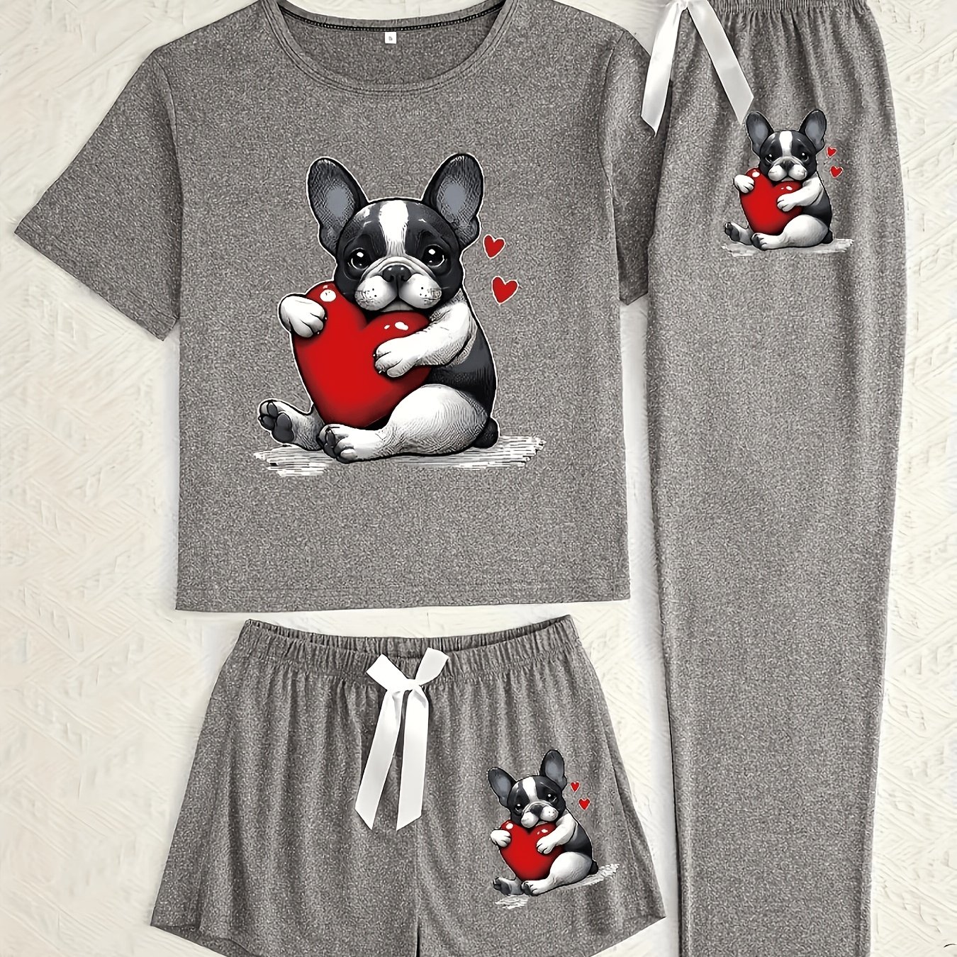 TEMU Ensemble de pyjama pour femme 3 pièces [Comprenant un haut à manches courtes, un pantalon long et un short] Français avec imprimé cœur, haut à