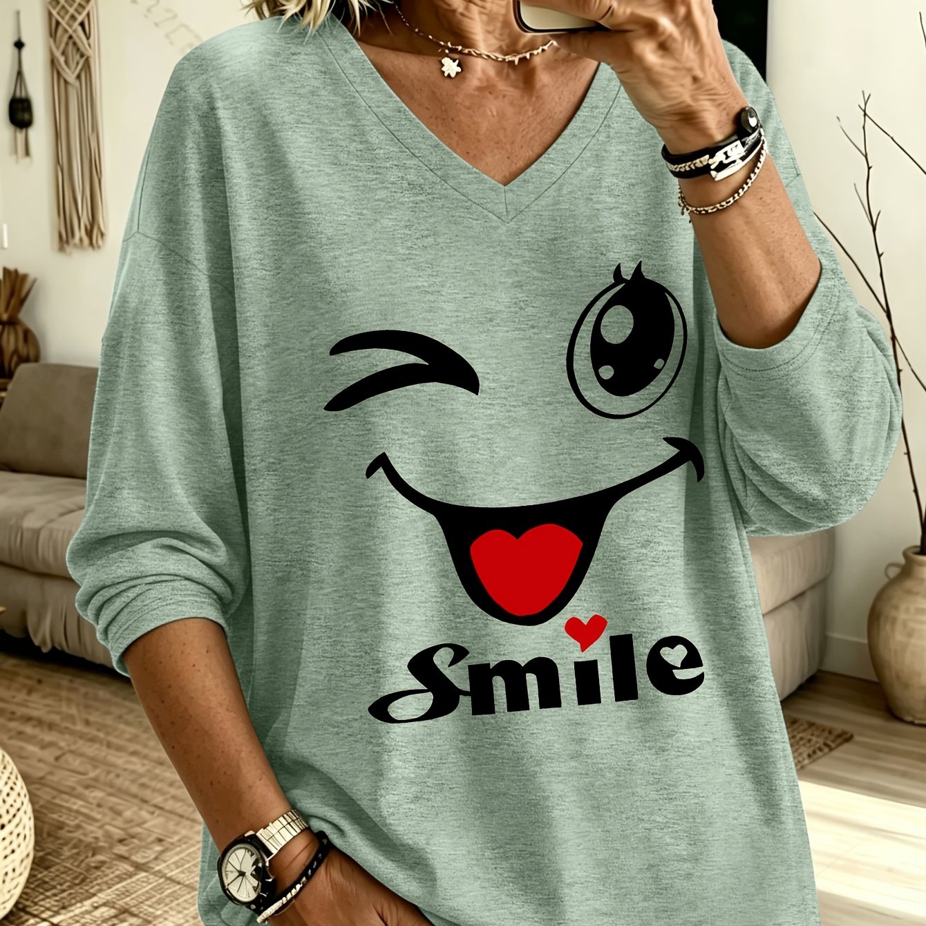 TEMU Damen-Freizeit-T-Shirt in Übergröße für Frühling/Sommer, mit V-Ausschnitt, langen Ärmeln „Verspieltes niedliches lächelndes